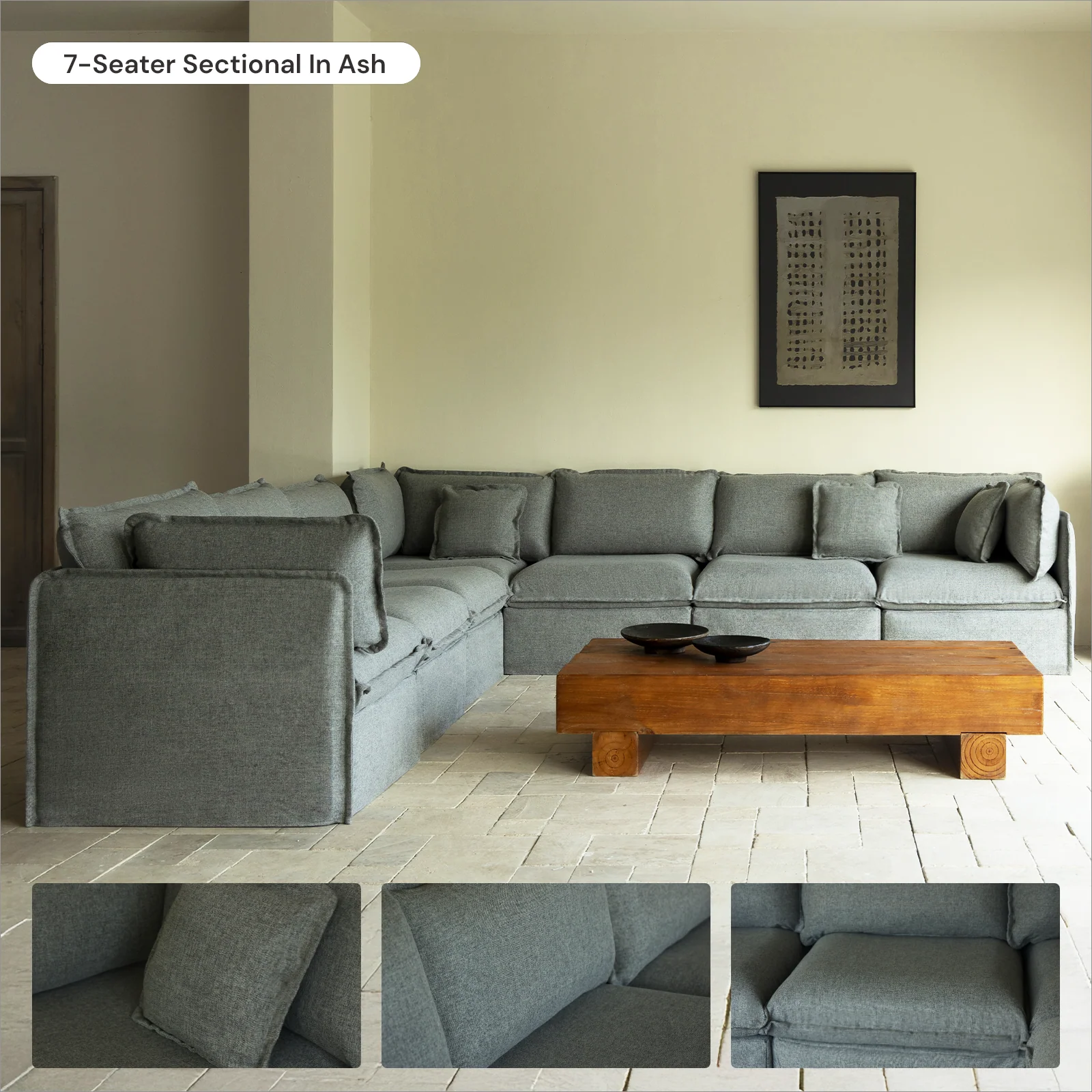 Modular Washable 8-Seater Open-Ends U-Sectional + Ottoman in Ash | Memorix+ Seat | Contour Pillow - Image 7