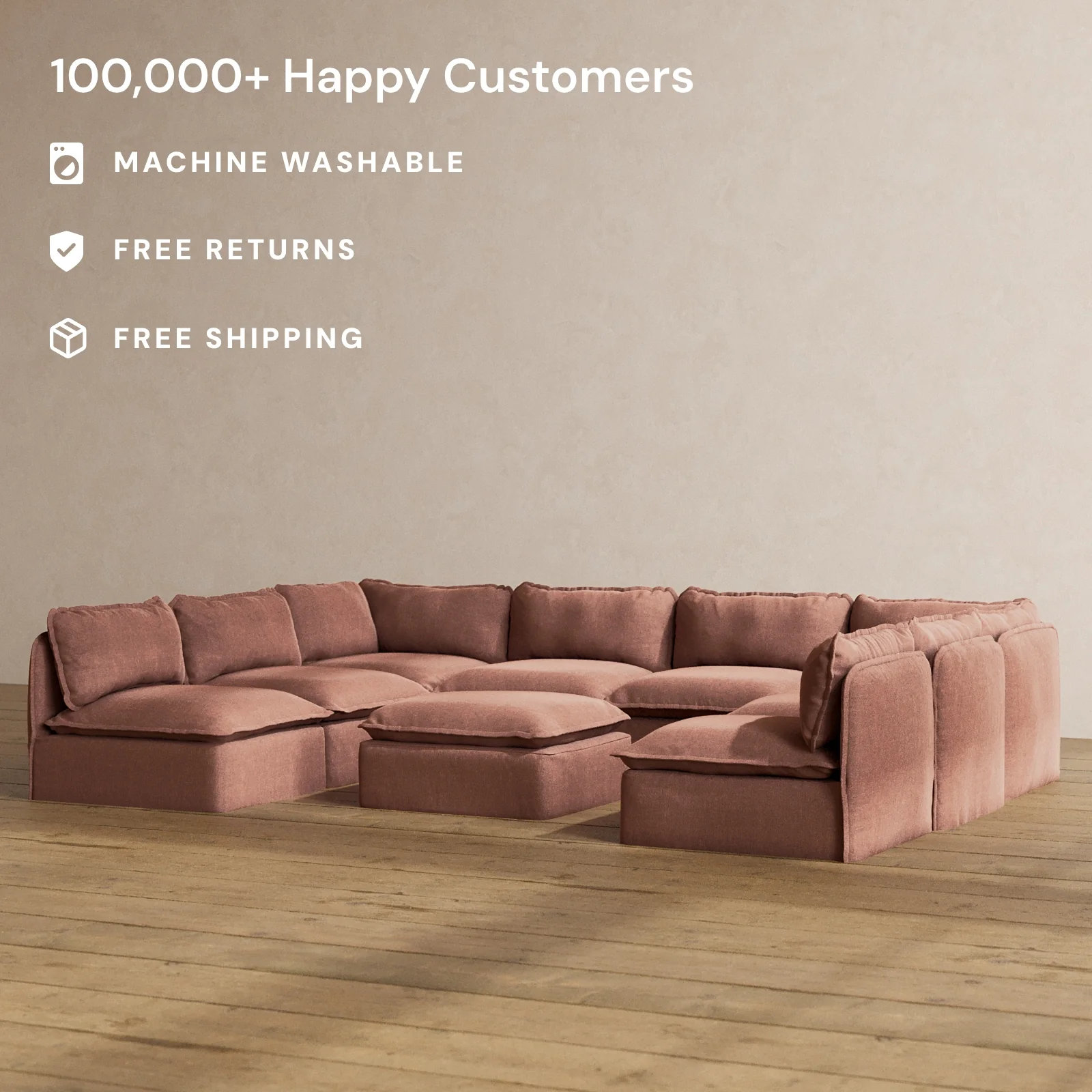 Modular Washable 8-Seater Open-Ends U-Sectional + Ottoman in Chestnut | Memorix+ Seat | Contour Pillow - Image 2
