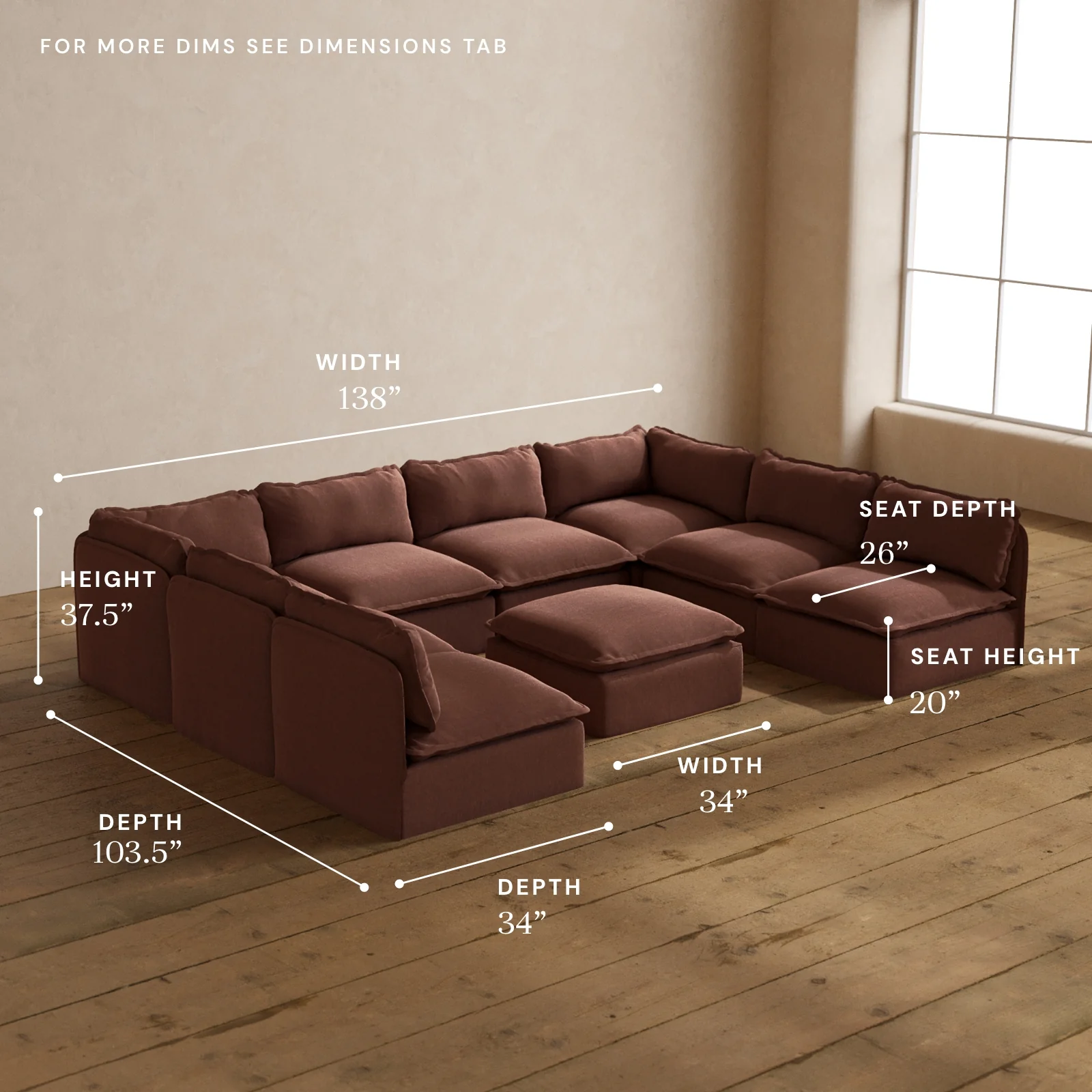 Modular Washable 8-Seater Open-Ends U-Sectional + Ottoman in Chestnut | Memorix+ Seat | Contour Pillow - Image 5