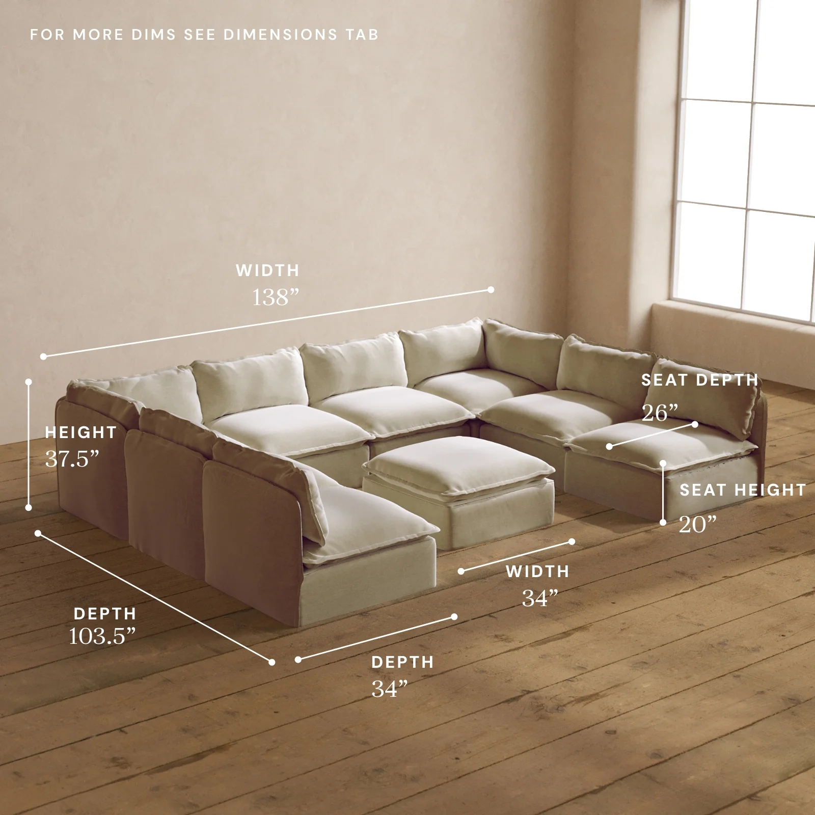 Modular Washable 8-Seater Open-Ends U-Sectional + Ottoman in Coco | Deluxe+ Seat | Cloud Pillow - Image 5