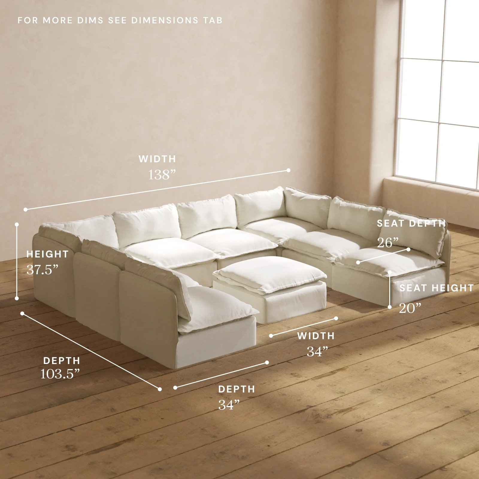Modular Washable 8-Seater Open-Ends U-Sectional + Ottoman in Eggshell | Memorix+ Seat | Contour Pillow - Image 5