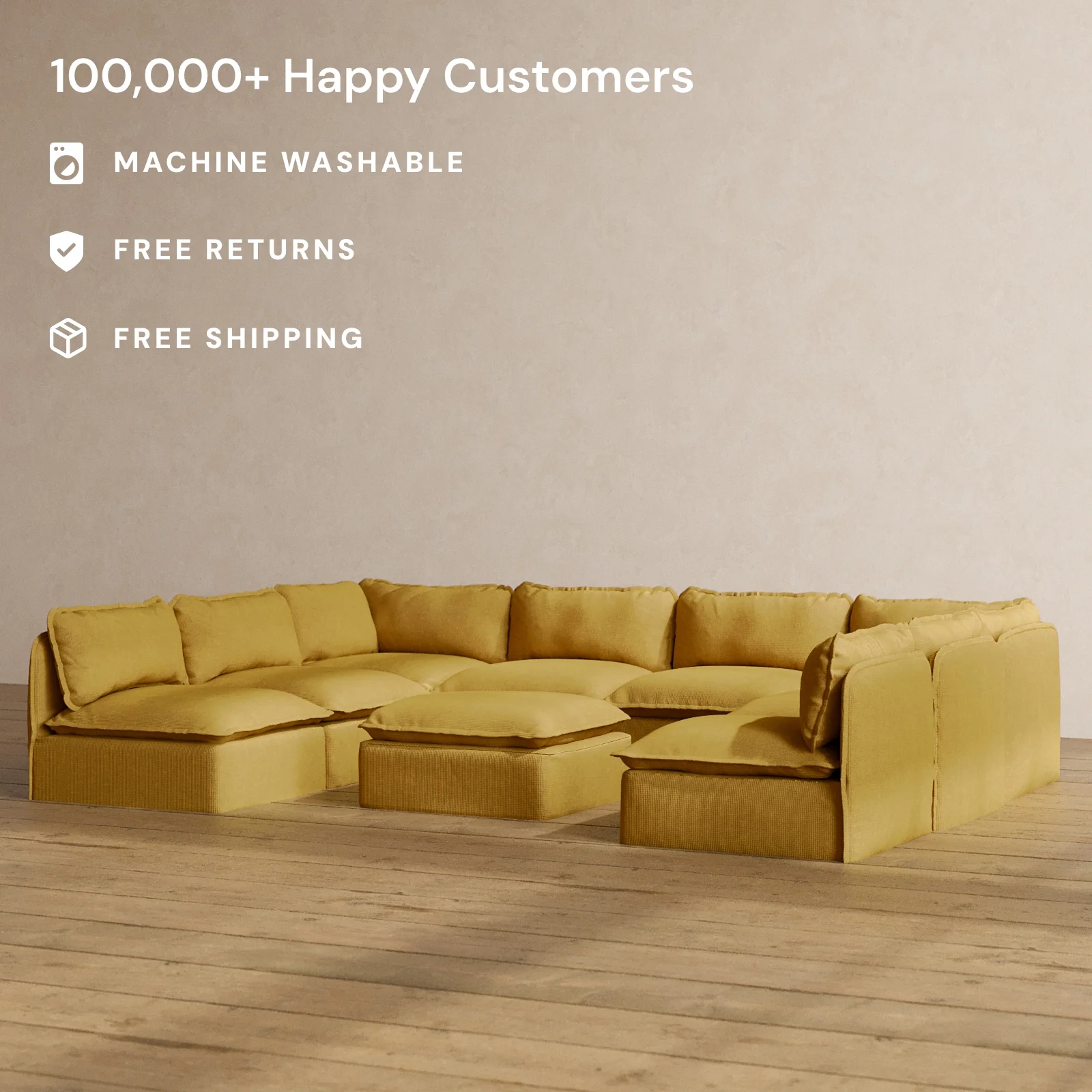 Modular Washable 8-Seater Open-Ends U-Sectional + Ottoman in Kiiro | Memorix+ Seat | Contour Pillow - Image 2