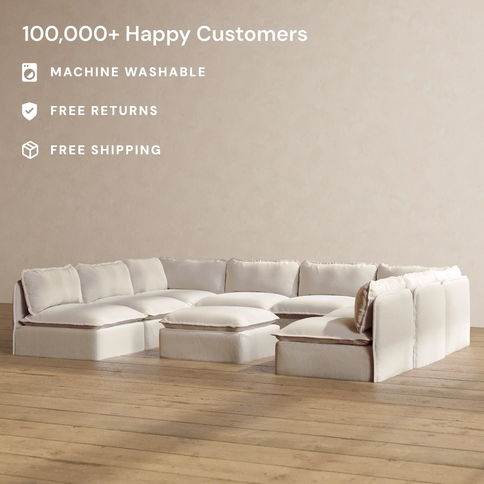 Modular Washable 8-Seater Open-Ends U-Sectional + Ottoman in Milk | Memorix+ Seat | Contour Pillow - Image 2