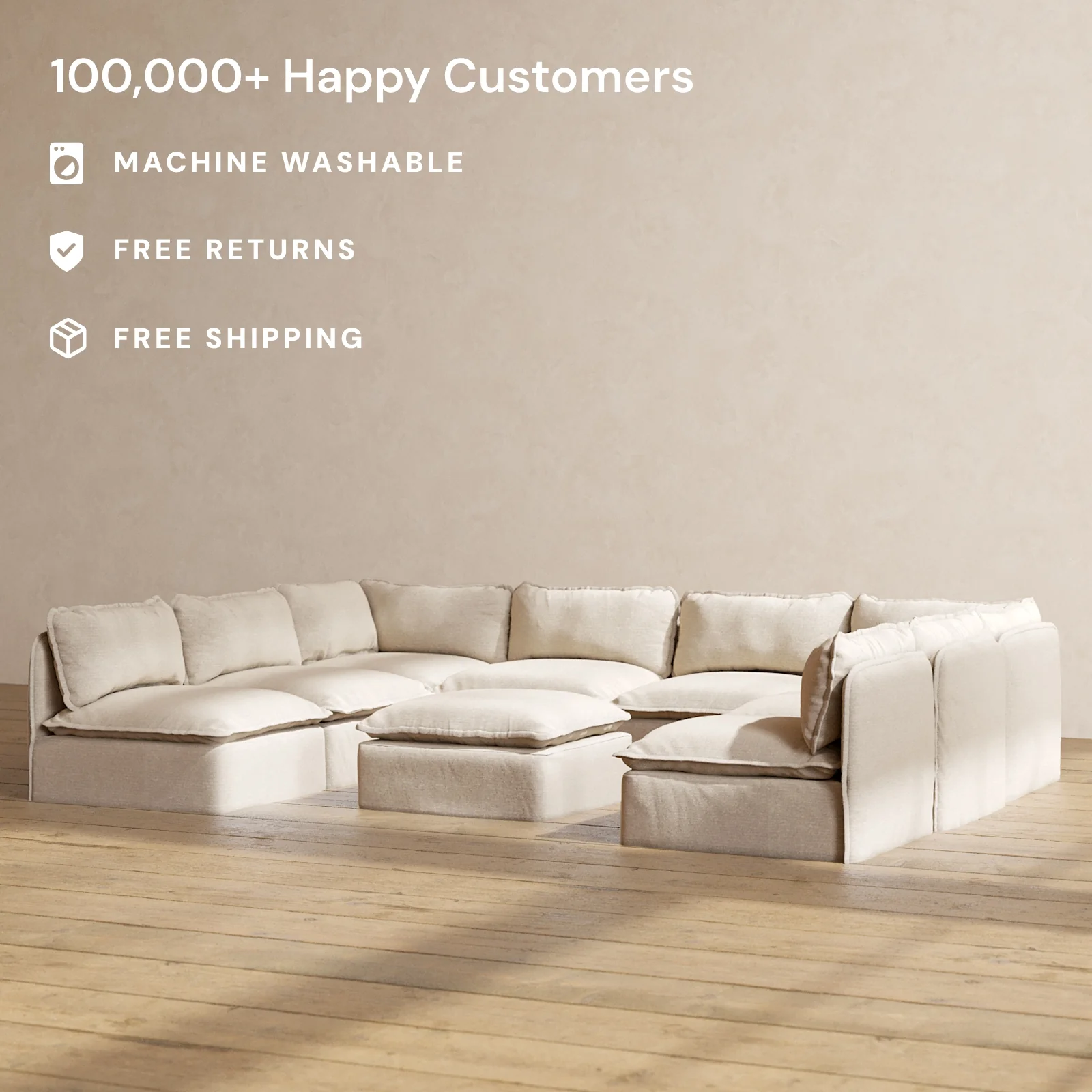 Modular Washable 8-Seater Open-Ends U-Sectional + Ottoman in Oat | Deluxe+ Seat | Cloud Pillow - Image 2