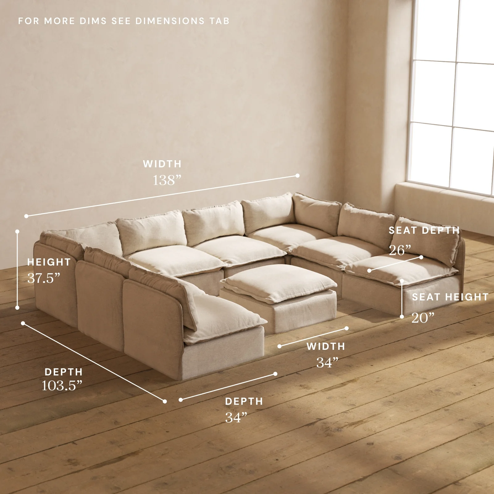 Modular Washable 8-Seater Open-Ends U-Sectional + Ottoman in Oat | Deluxe+ Seat | Cloud Pillow - Image 5
