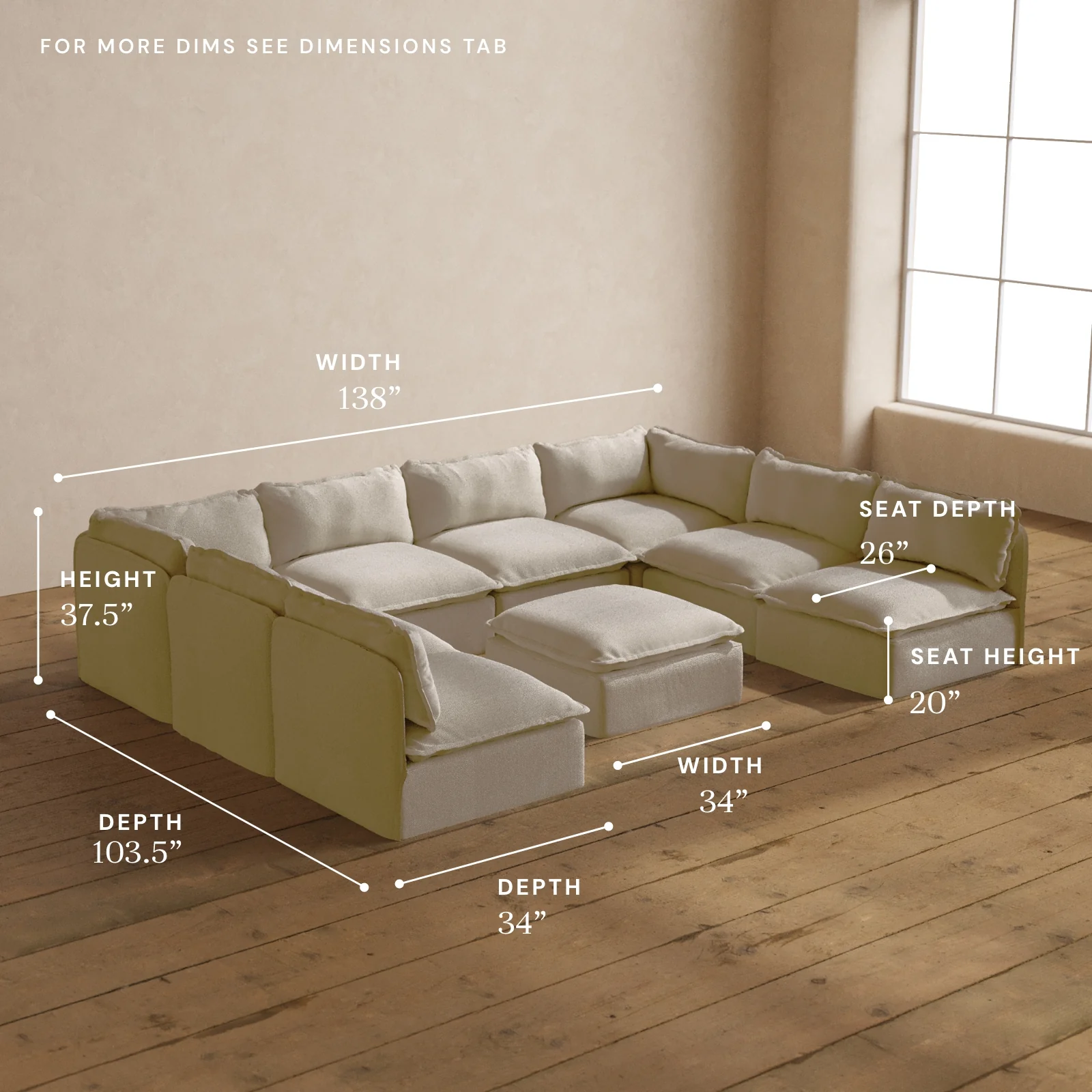 Modular Washable 8-Seater Open-Ends U-Sectional + Ottoman in Powder | Deluxe+ Seat | Cloud Pillow - Image 5
