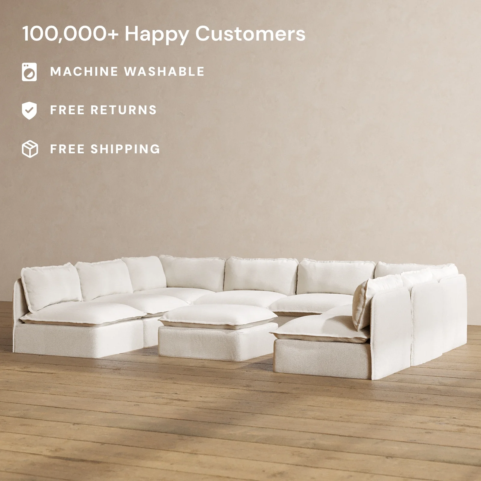 Modular Washable 8-Seater Open-Ends U-Sectional + Ottoman in Powder | Memorix+ Seat | Contour Pillow - Image 2