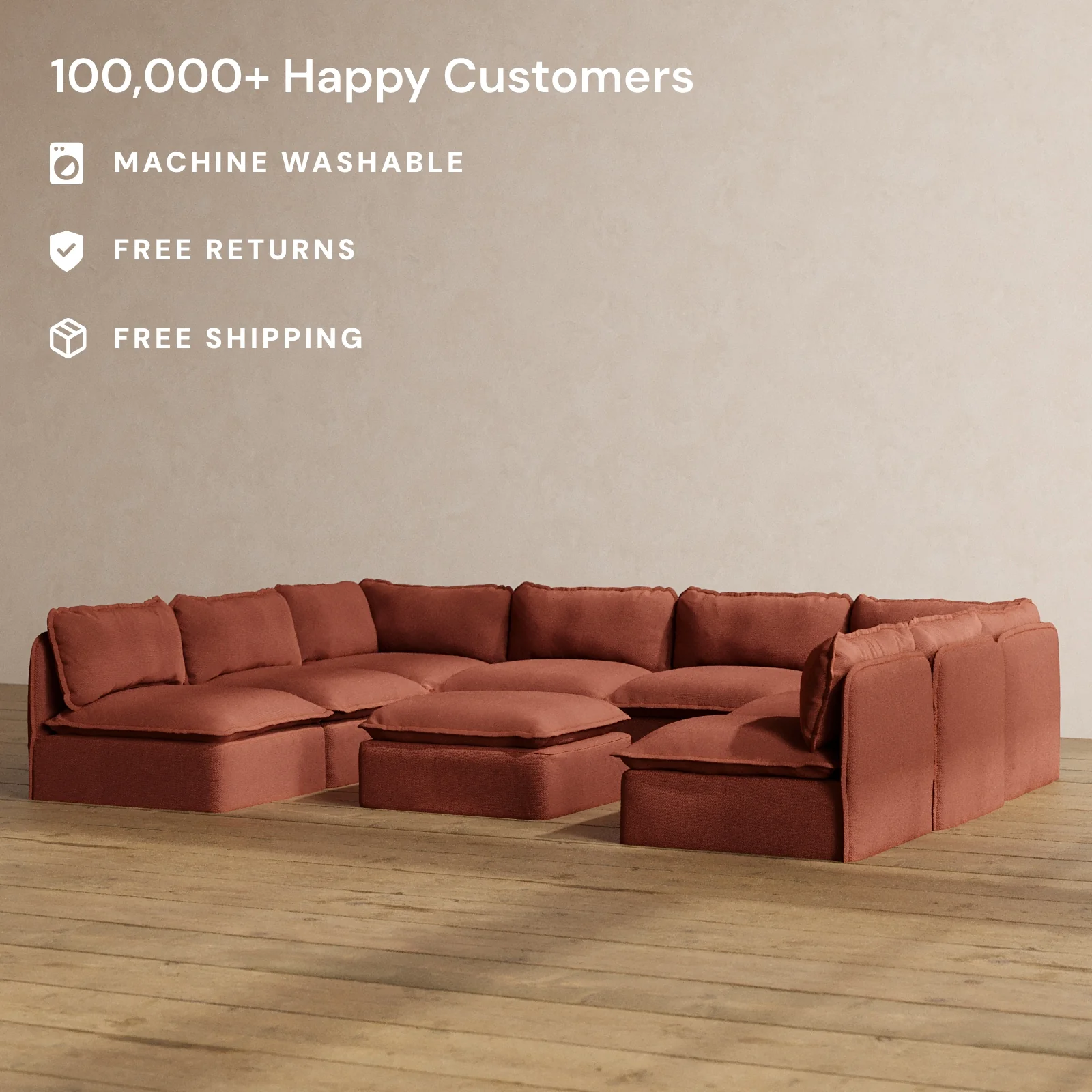 Modular Washable 8-Seater Open-Ends U-Sectional + Ottoman in Rust | Deluxe+ Seat | Cloud Pillow - Image 2