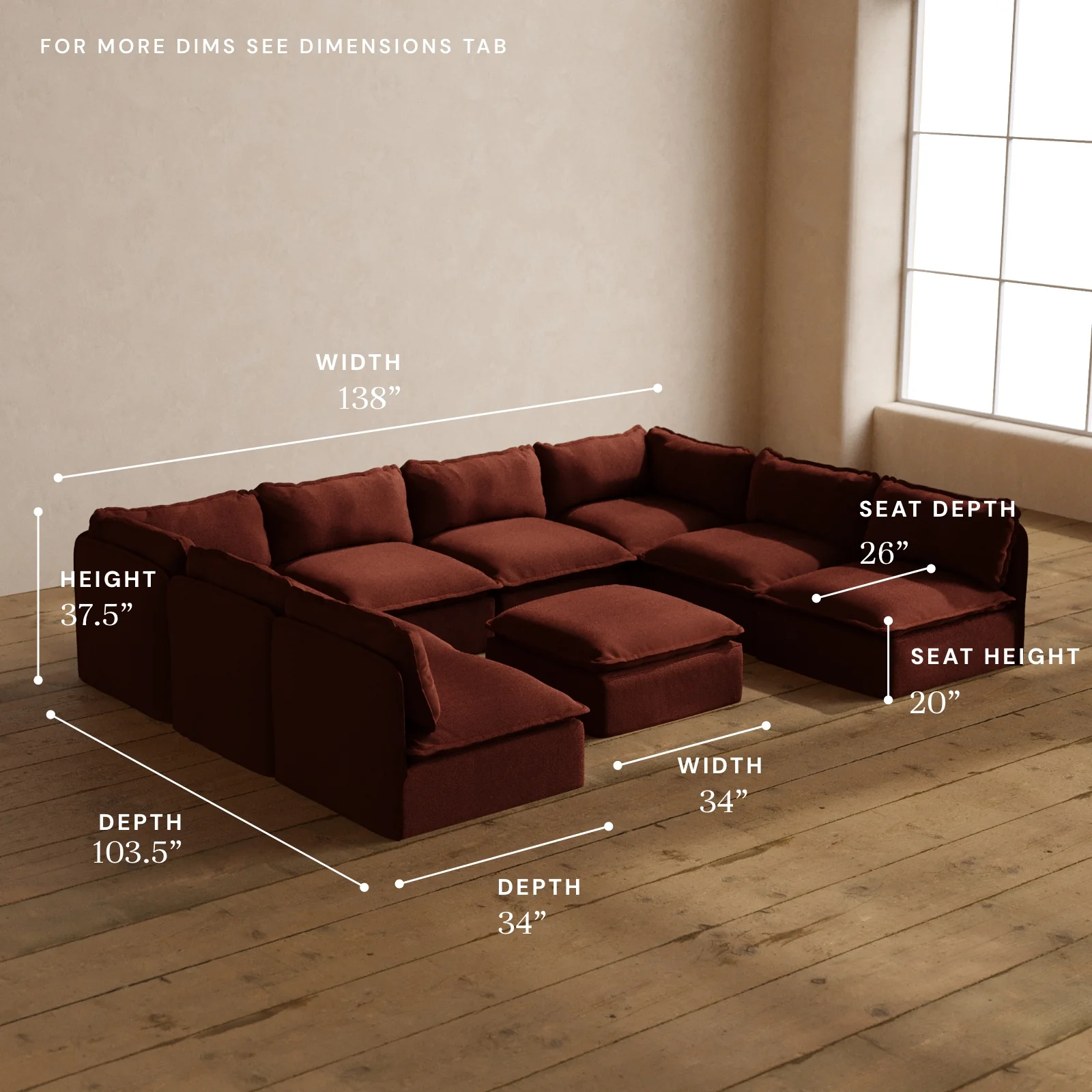 Modular Washable 8-Seater Open-Ends U-Sectional + Ottoman in Rust | Memorix+ Seat | Contour Pillow - Image 5