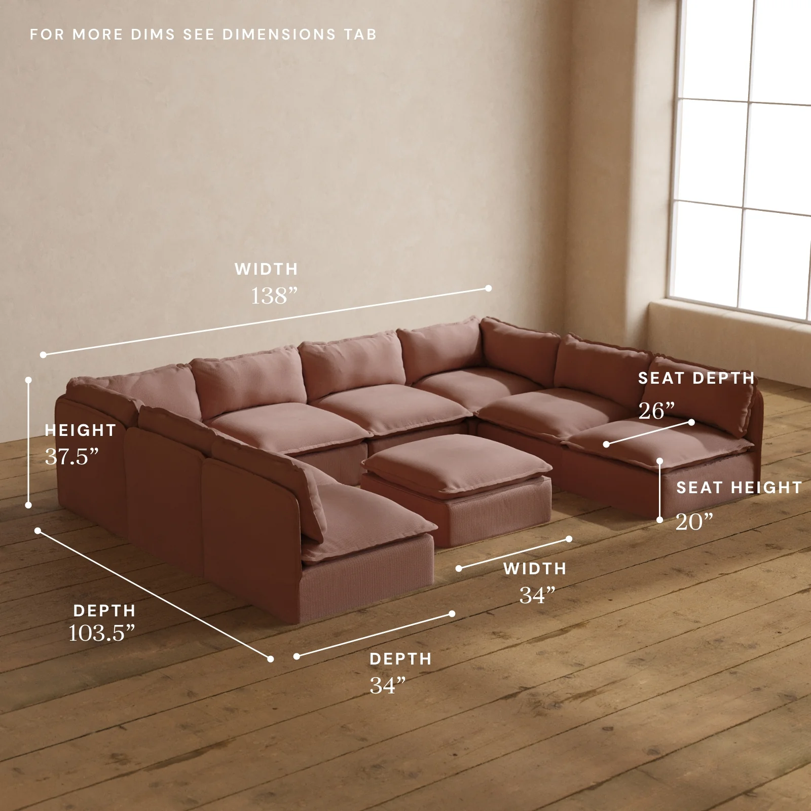 Modular Washable 8-Seater Open-Ends U-Sectional + Ottoman in Sakura | Memorix+ Seat | Contour Pillow - Image 5
