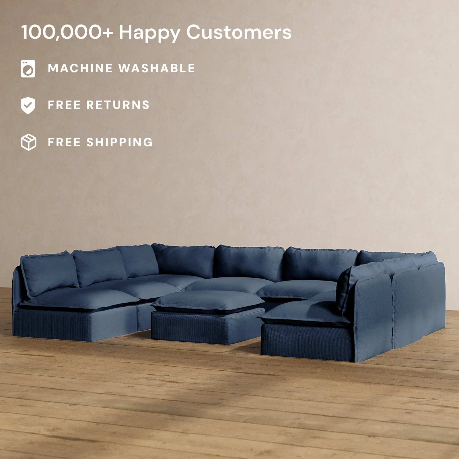 Modular Washable 8-Seater Open-Ends U-Sectional + Ottoman in Sumi | Deluxe+ Seat | Cloud Pillow - Image 2