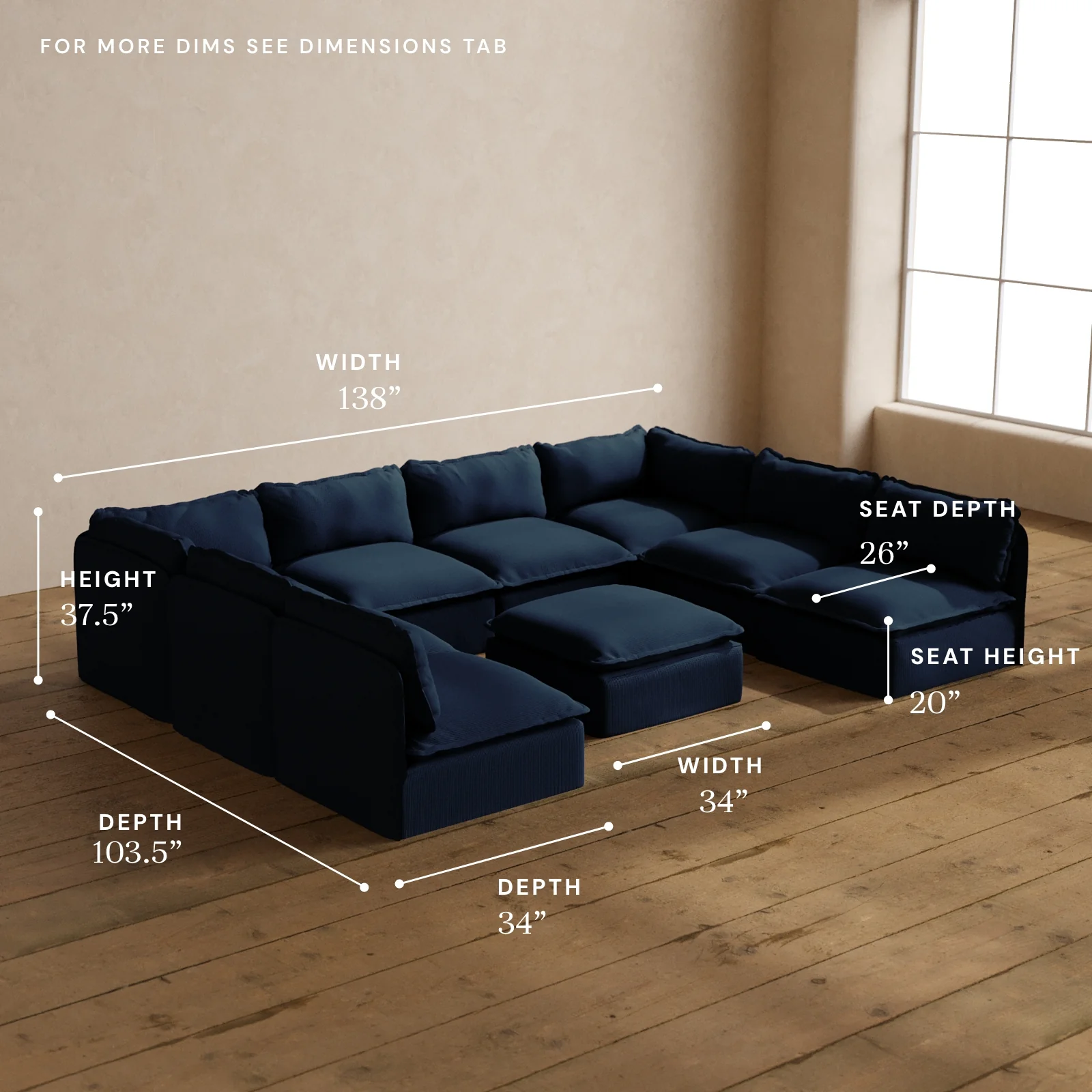 Modular Washable 8-Seater Open-Ends U-Sectional + Ottoman in Sumi | Deluxe+ Seat | Cloud Pillow - Image 5