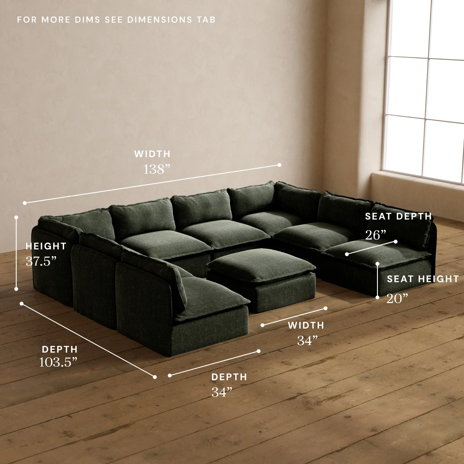 Modular Washable 8-Seater Open-Ends U-Sectional + Ottoman in Willow | Memorix+ Seat | Contour Pillow - Image 5