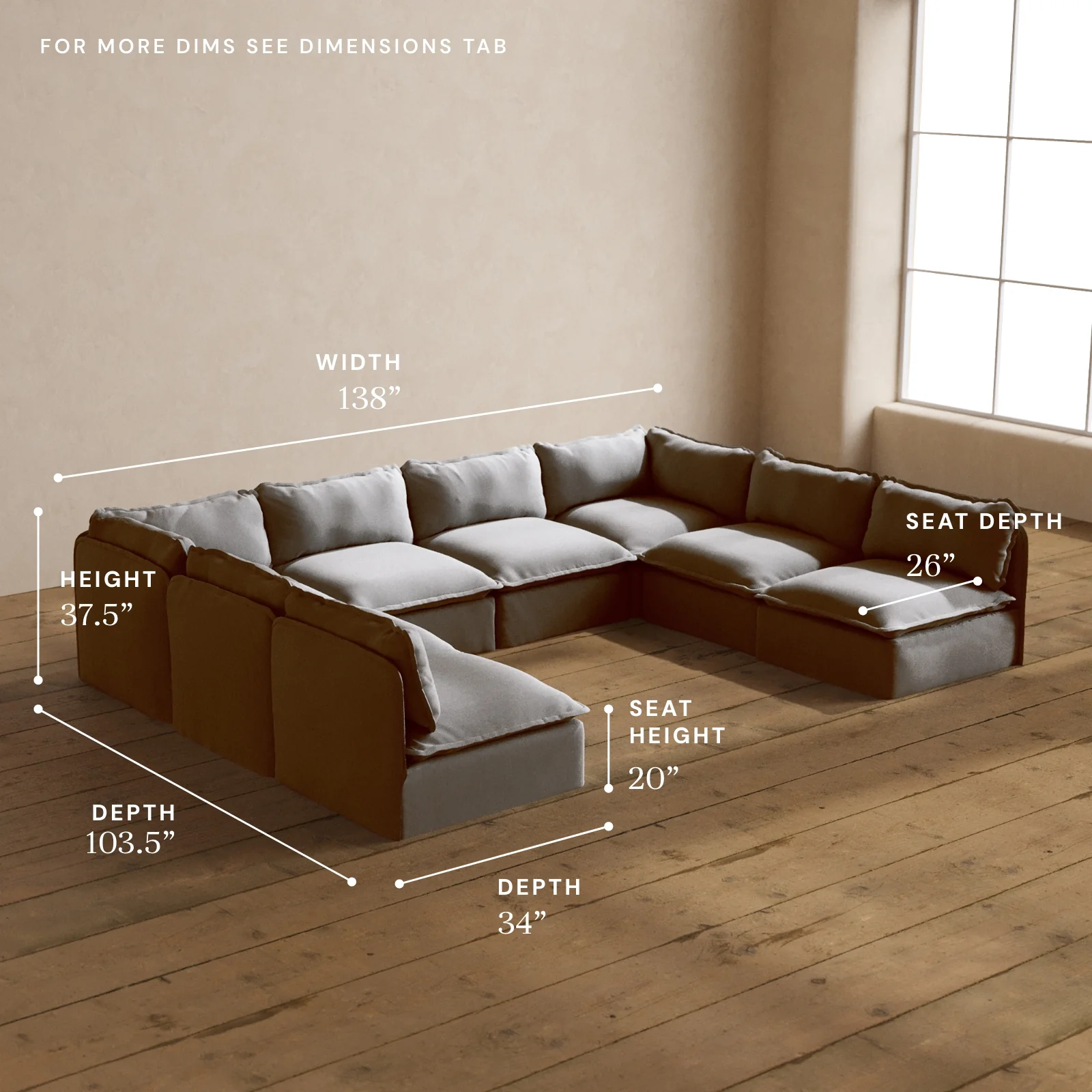 Modular Washable 8-Seater Open-Ends U-Sectional in Pumice | Deluxe+ Seat | Cloud Pillow - Image 5