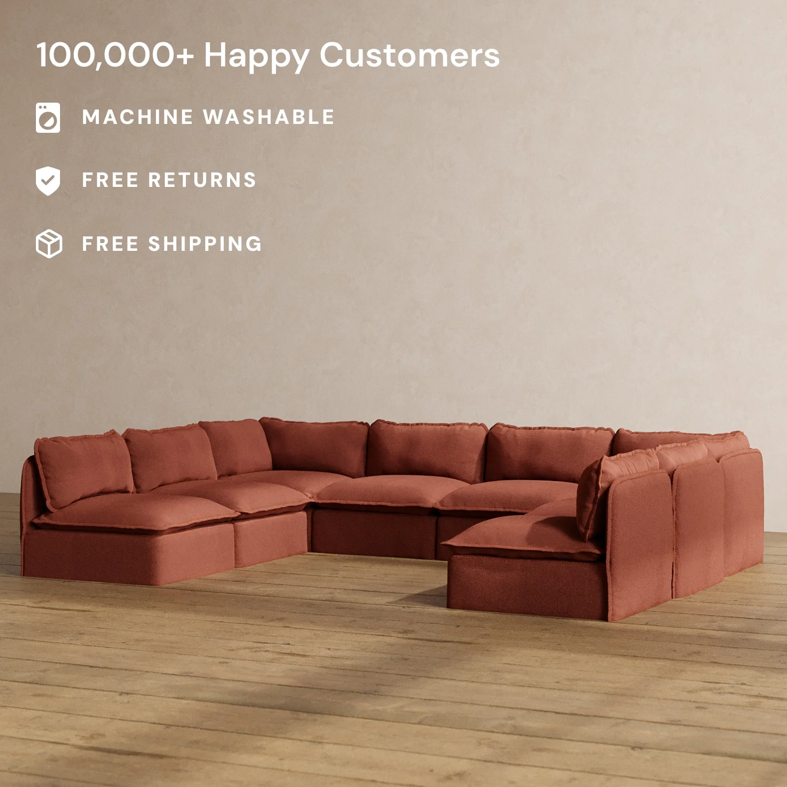 Modular Washable 8-Seater Open-Ends U-Sectional in Rust | Deluxe+ Seat | Cloud Pillow - Image 2