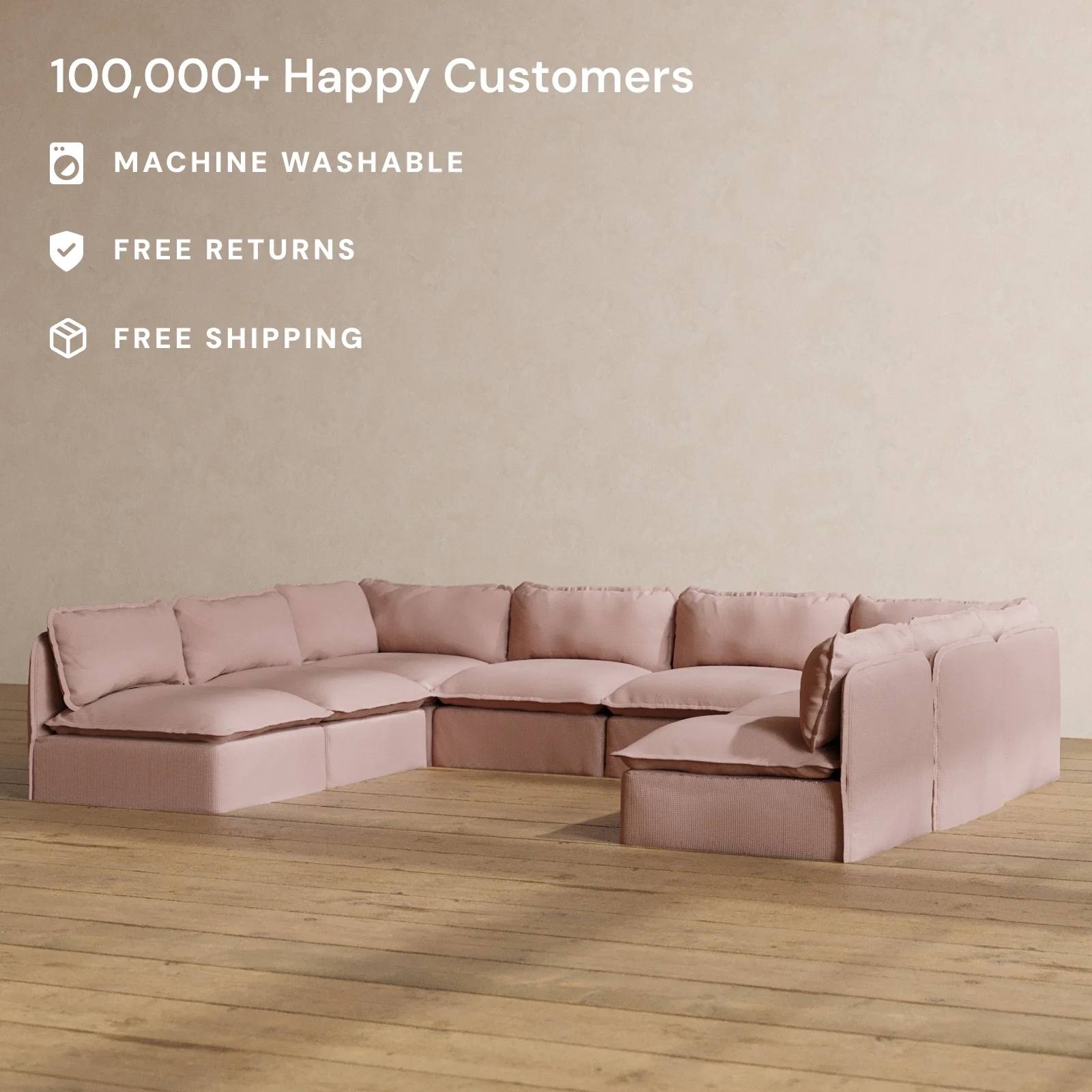 Modular Washable 8-Seater Open-Ends U-Sectional in Sakura | Deluxe+ Seat | Cloud Pillow - Image 2