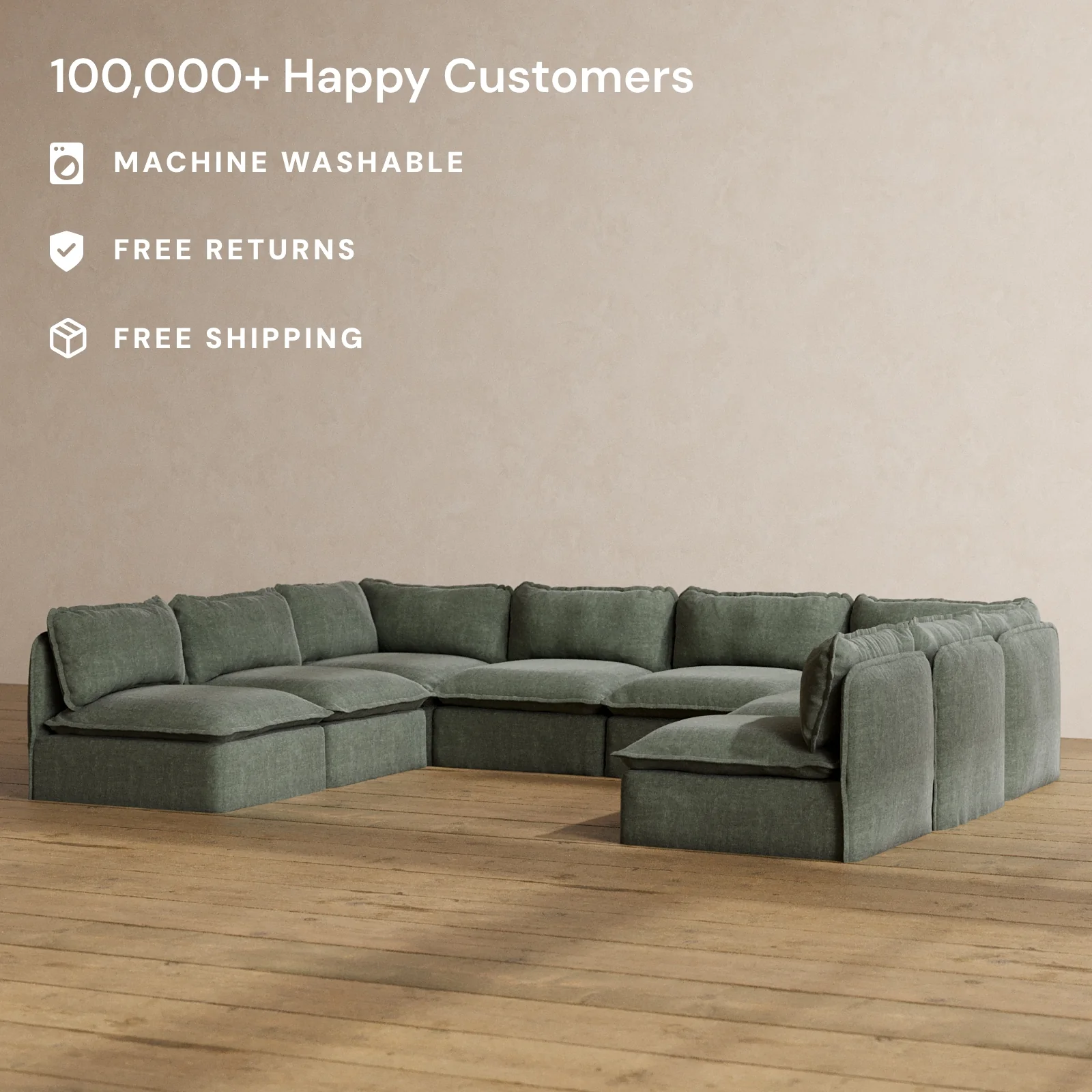 Modular Washable 8-Seater Open-Ends U-Sectional in Willow | Memorix+ Seat | Contour Pillow - Image 2
