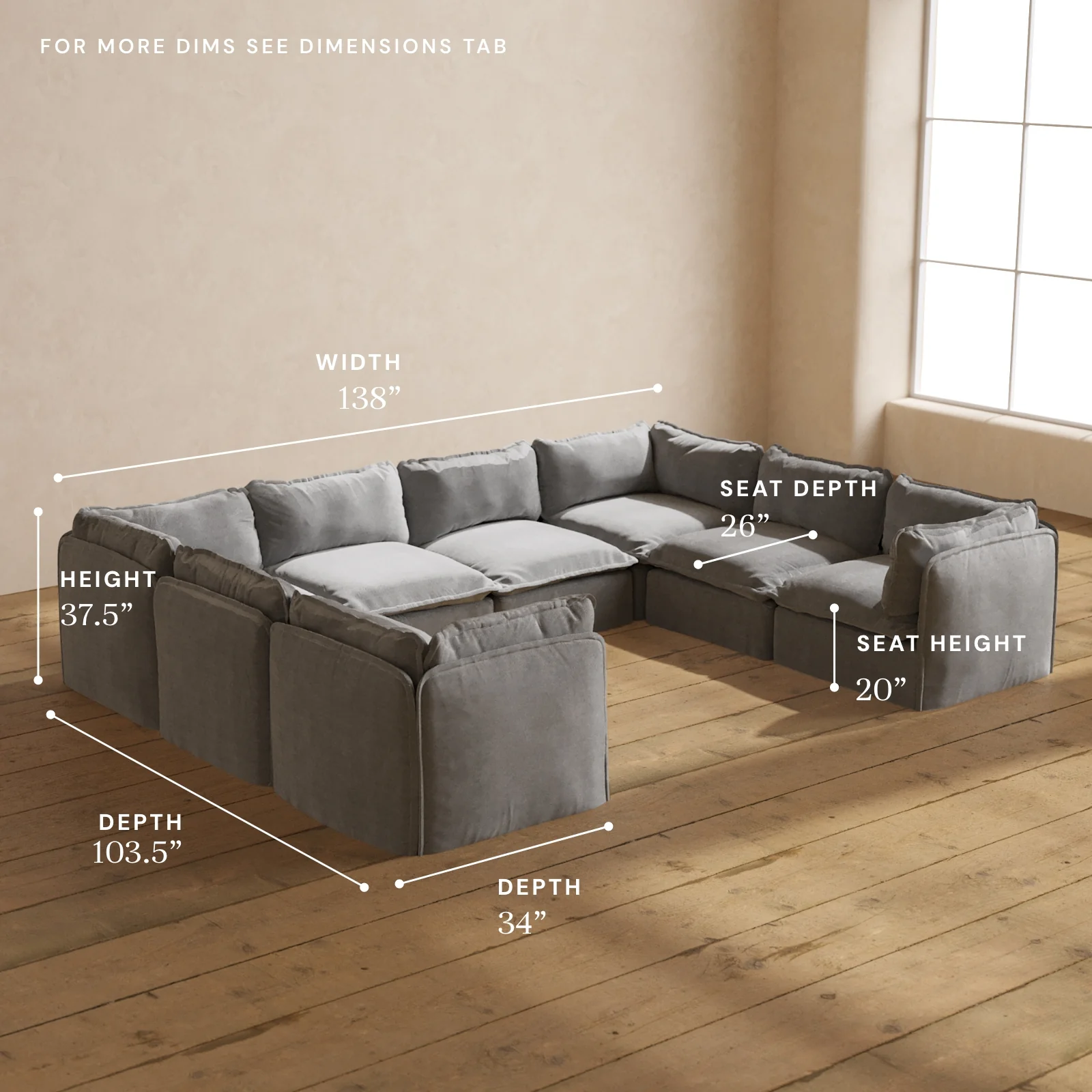 Modular Washable 8-Seater U-Sectional in Ash | Memorix+ Seat | Contour Pillow - Image 5