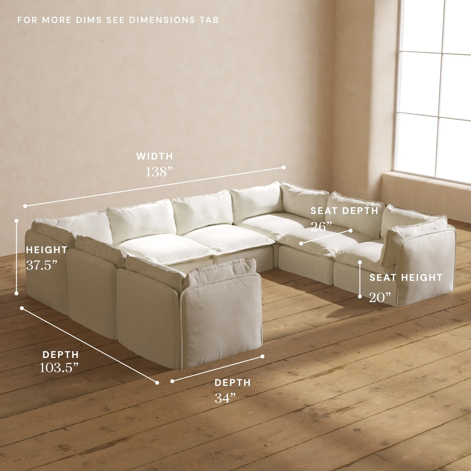 Modular Washable 8-Seater U-Sectional in Eggshell | Memorix+ Seat | Contour Pillow - Image 5