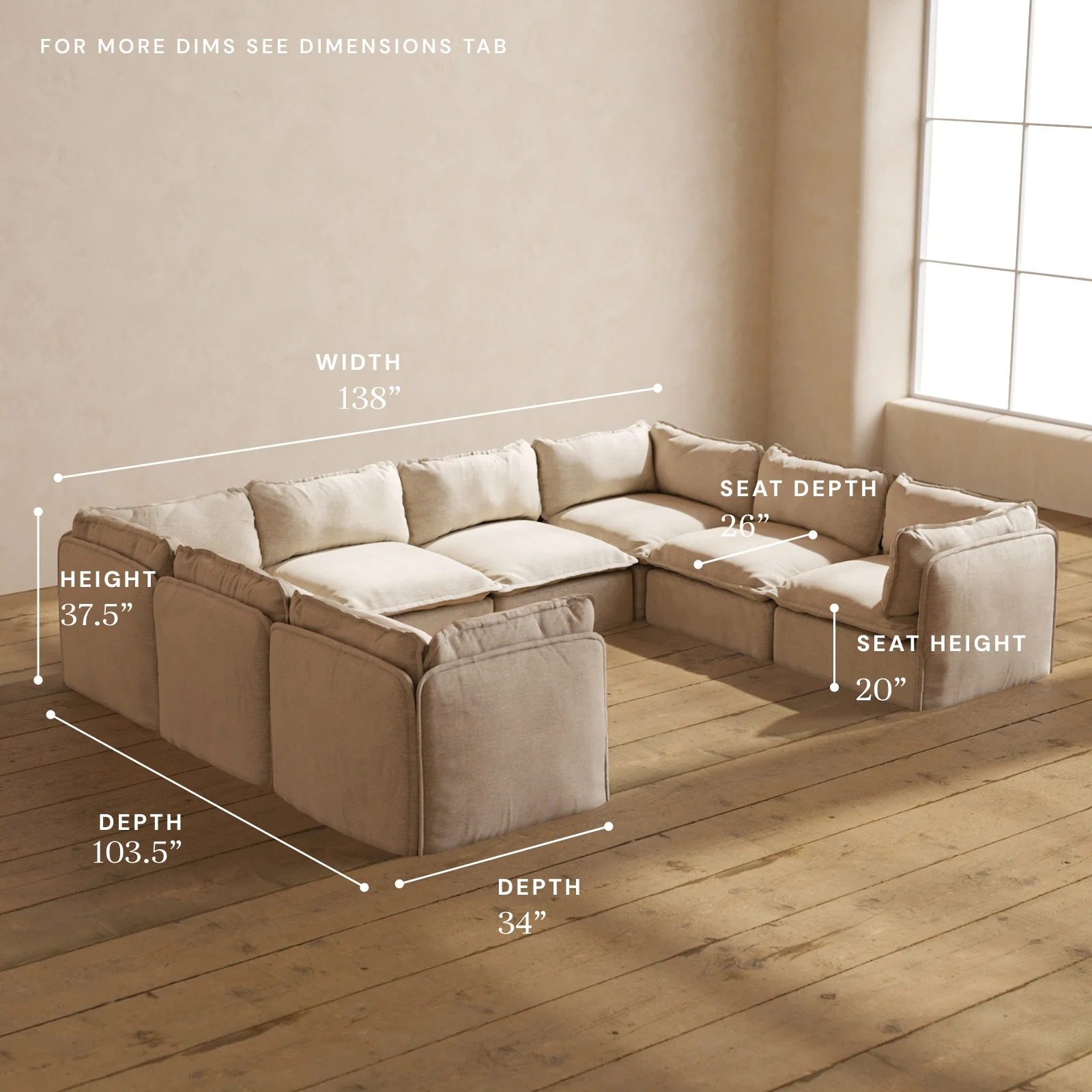 Modular Washable 8-Seater U-Sectional in Oat | Deluxe+ Seat | Cloud Pillow - Image 5