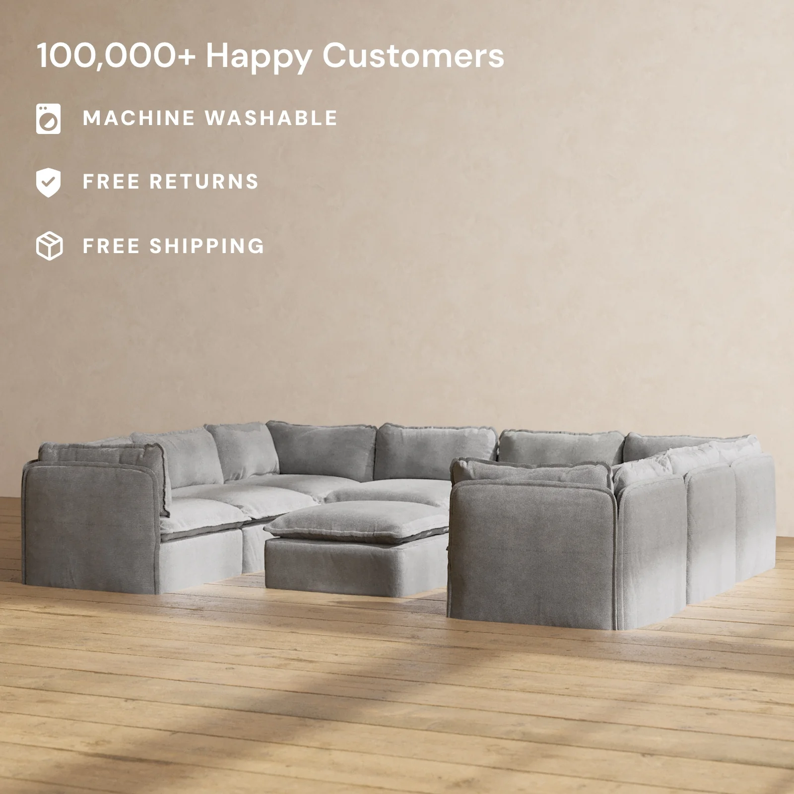 Modular Washable 8-Seater U-Sectional + Ottoman in Ash | Deluxe+ Seat | Cloud Pillow - Image 2