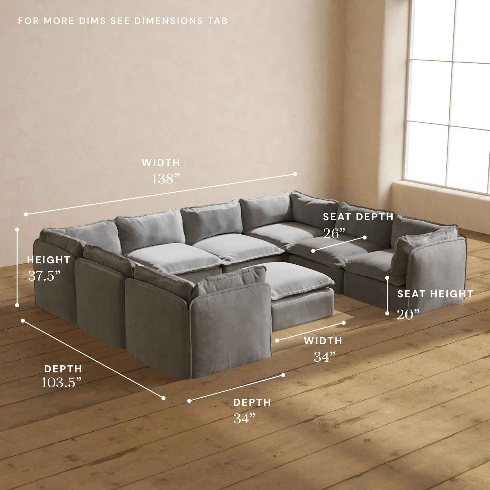 Modular Washable 8-Seater U-Sectional + Ottoman in Ash | Deluxe+ Seat | Cloud Pillow - Image 5