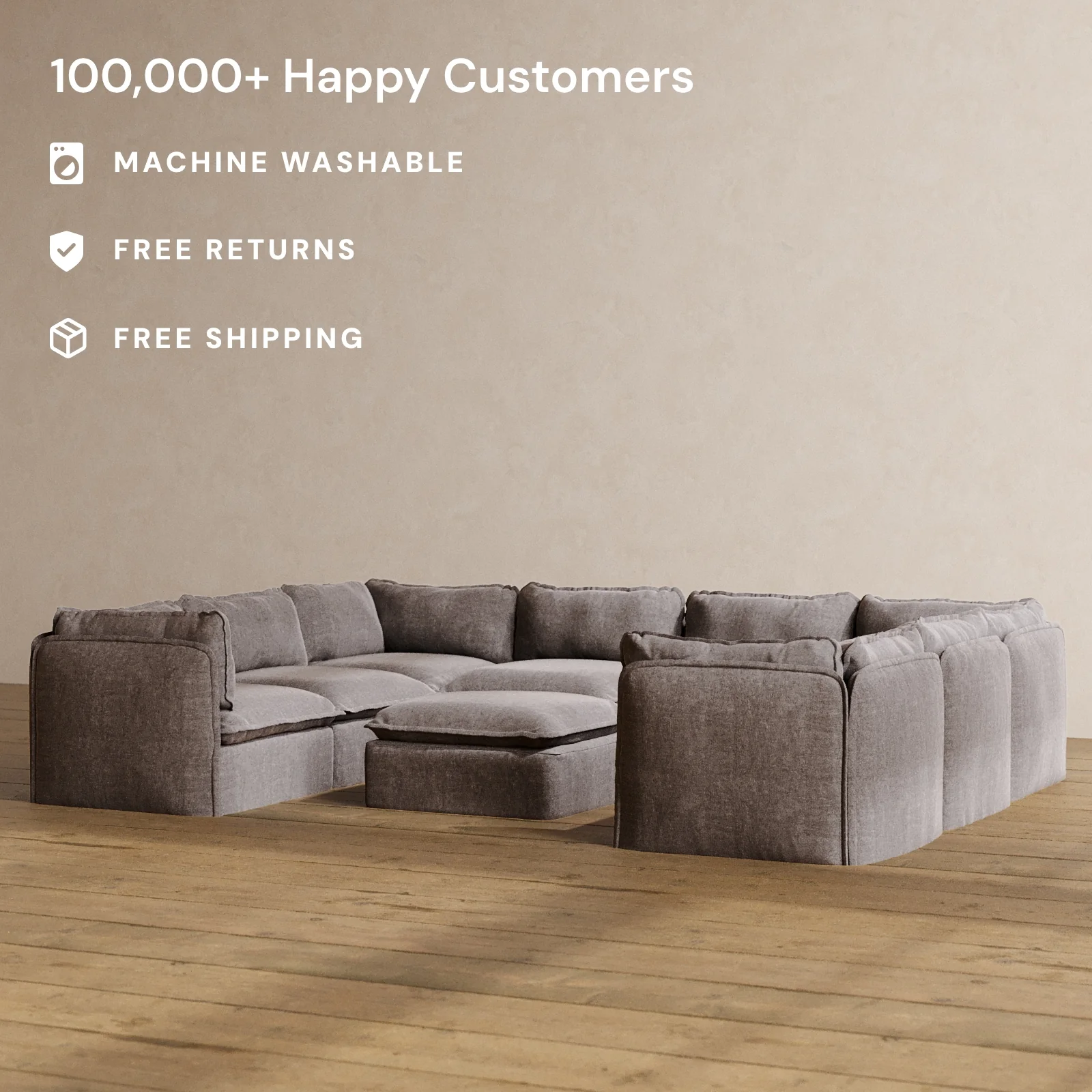 Modular Washable 8-Seater U-Sectional + Ottoman in Caviar | Memorix+ Seat | Contour Pillow - Image 2