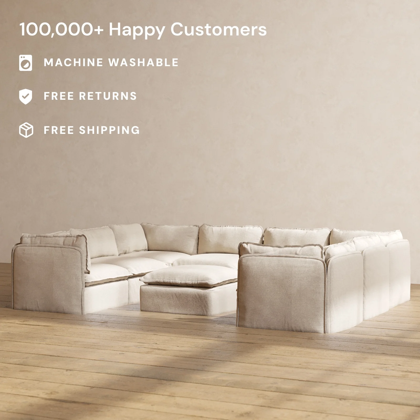 Modular Washable 8-Seater U-Sectional + Ottoman in Oat | Memorix+ Seat | Contour Pillow - Image 2
