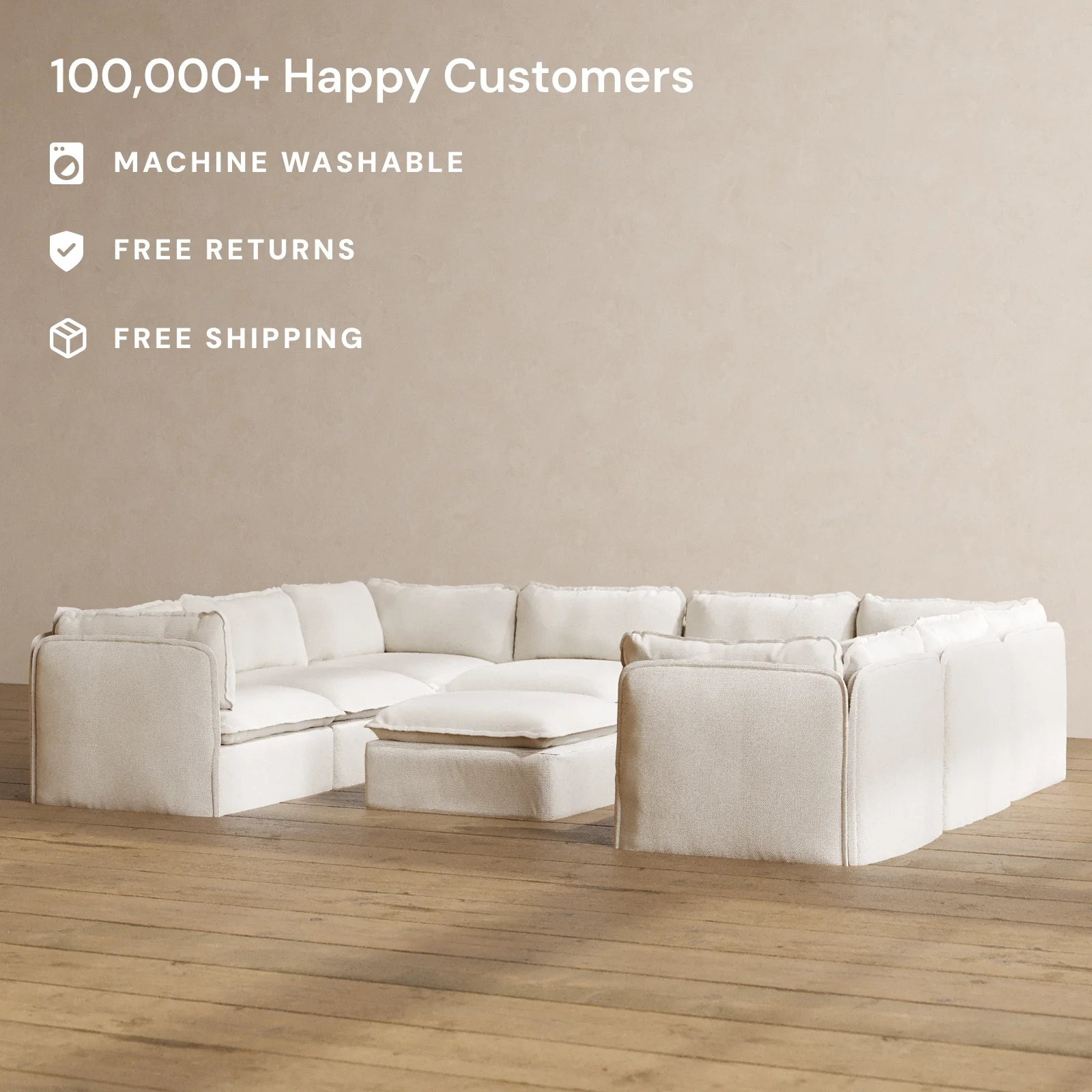 Modular Washable 8-Seater U-Sectional + Ottoman in Powder | Deluxe+ Seat | Cloud Pillow - Image 2