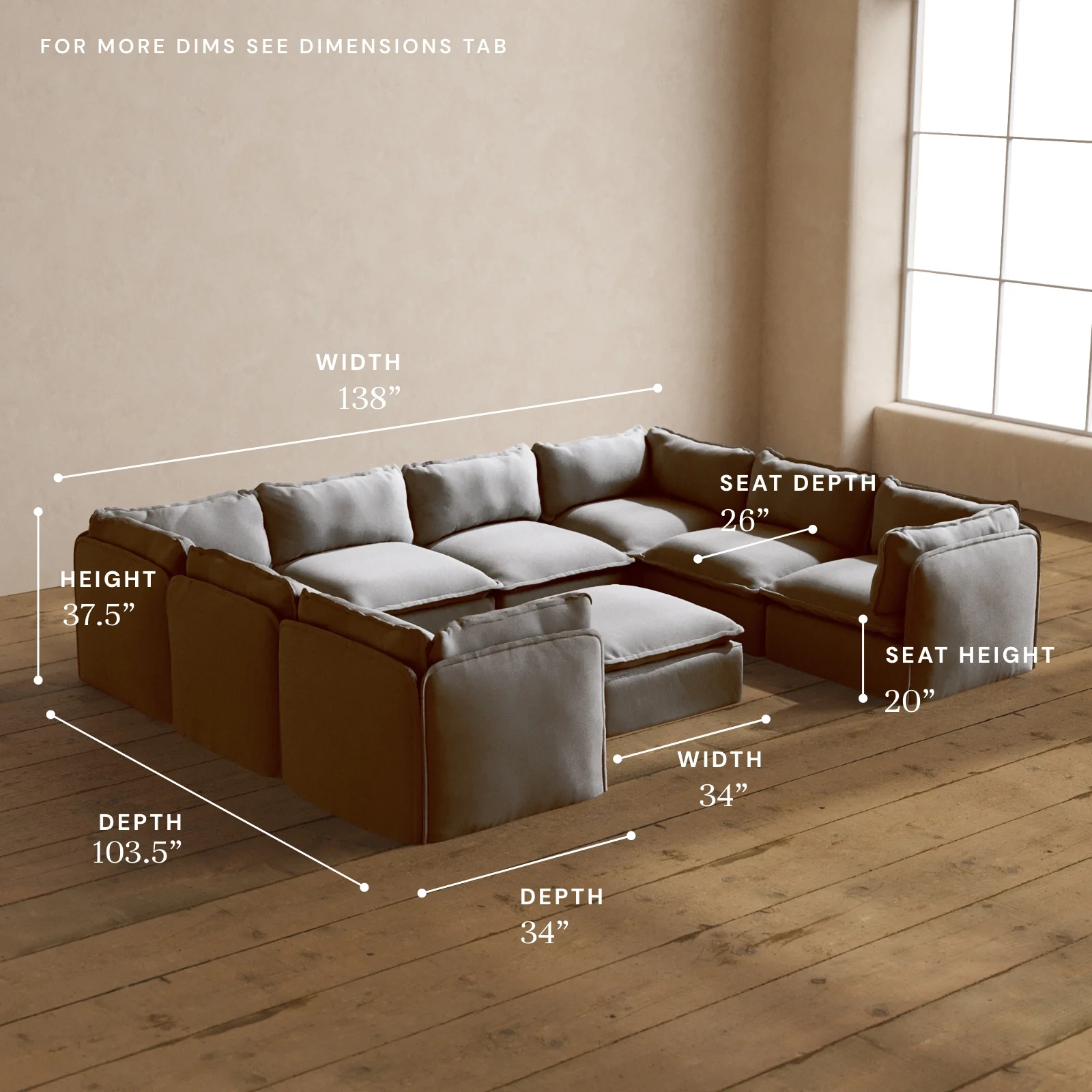 Modular Washable 8-Seater U-Sectional + Ottoman in Pumice | Deluxe+ Seat | Cloud Pillow - Image 5