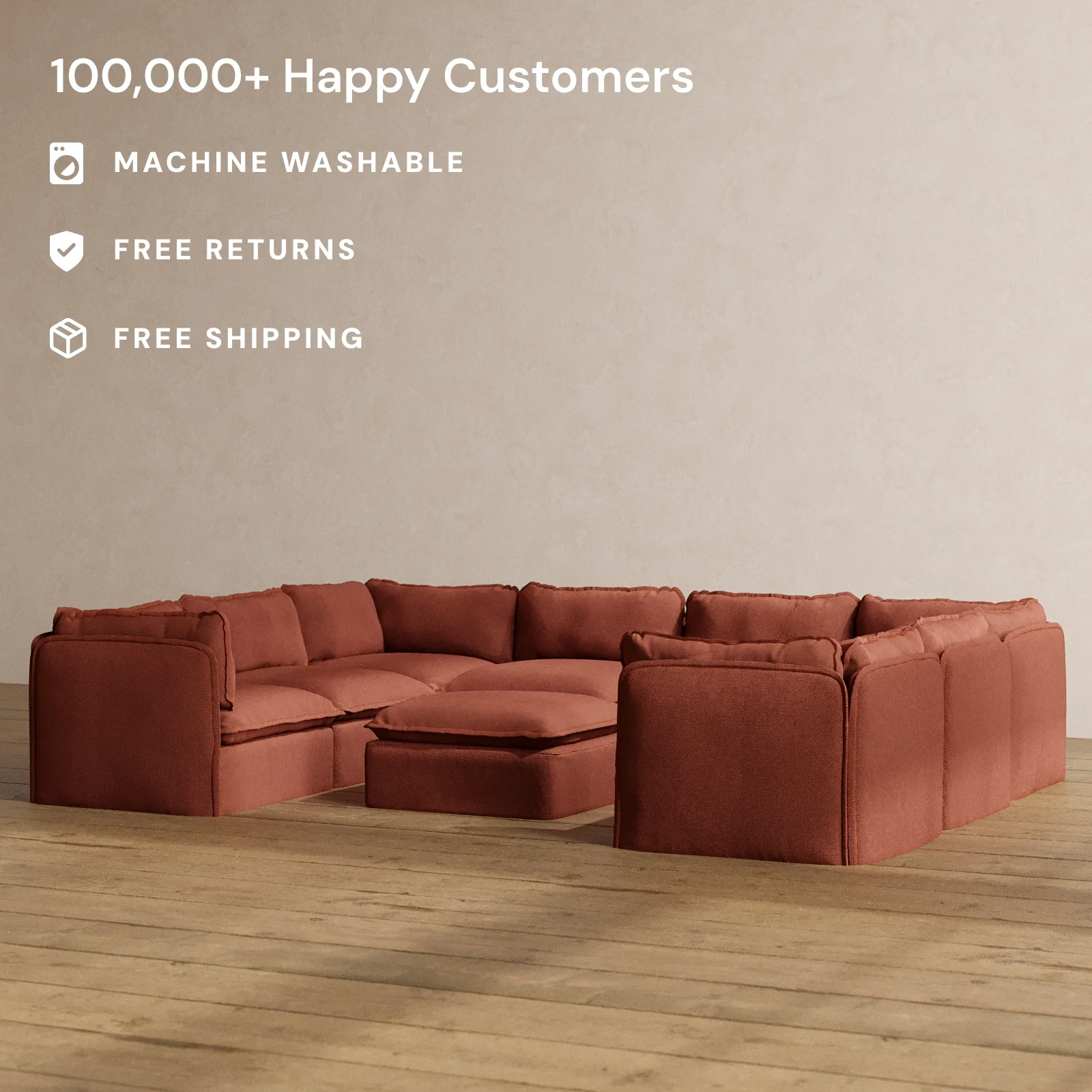 Modular Washable 8-Seater U-Sectional + Ottoman in Rust | Memorix+ Seat | Contour Pillow - Image 2
