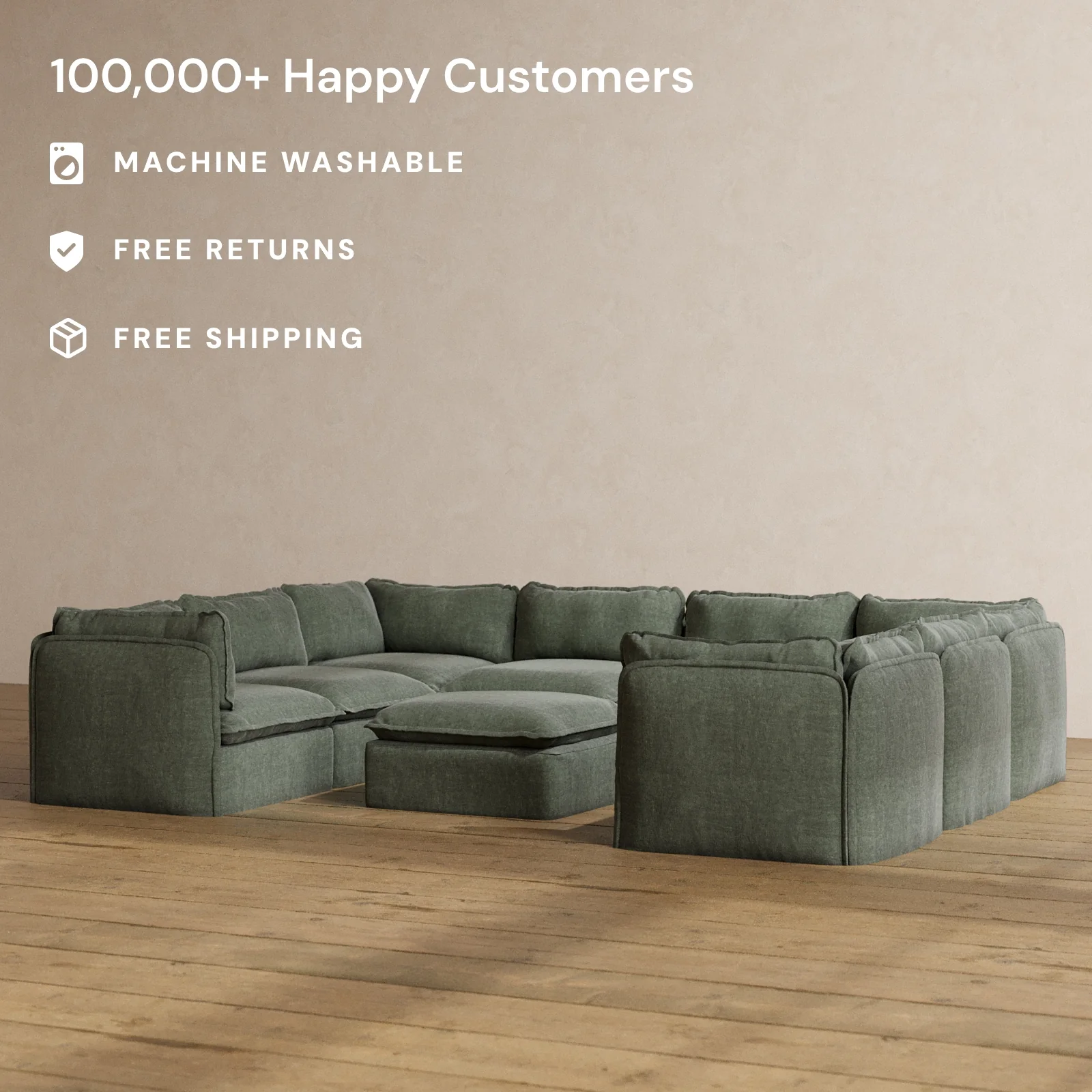 Modular Washable 8-Seater U-Sectional + Ottoman in Willow | Memorix+ Seat | Contour Pillow - Image 2