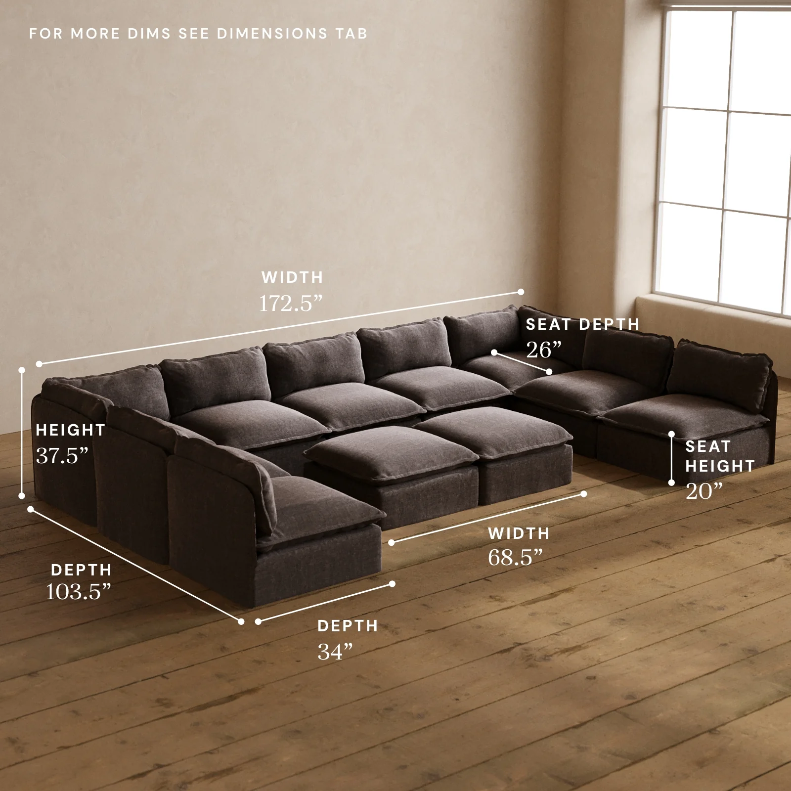 Modular Washable 9-Seater Open-Ends U-Sectional + Bench Ottoman in Caviar | Memorix+ Seat | Contour Pillow - Image 5