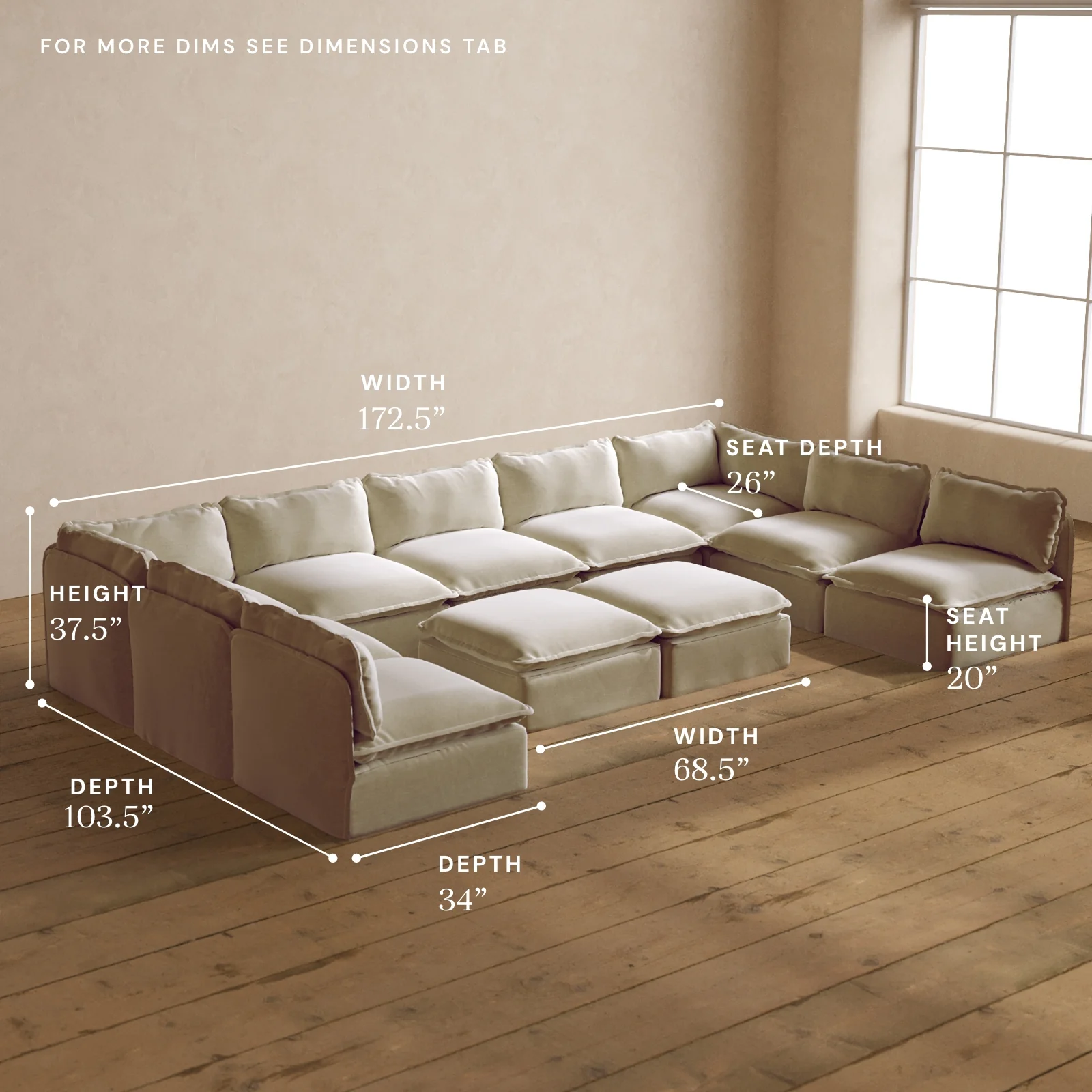 Modular Washable 9-Seater Open-Ends U-Sectional + Bench Ottoman in Coco | Deluxe+ Seat | Cloud Pillow - Image 5