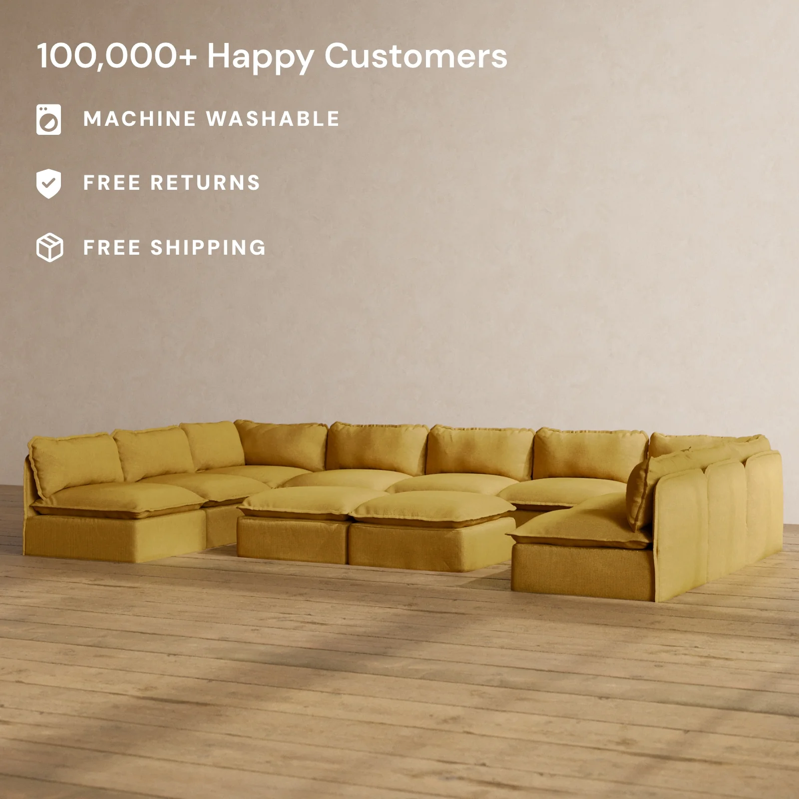 Modular Washable 9-Seater Open-Ends U-Sectional + Bench Ottoman in Kiiro | Deluxe+ Seat | Cloud Pillow - Image 2
