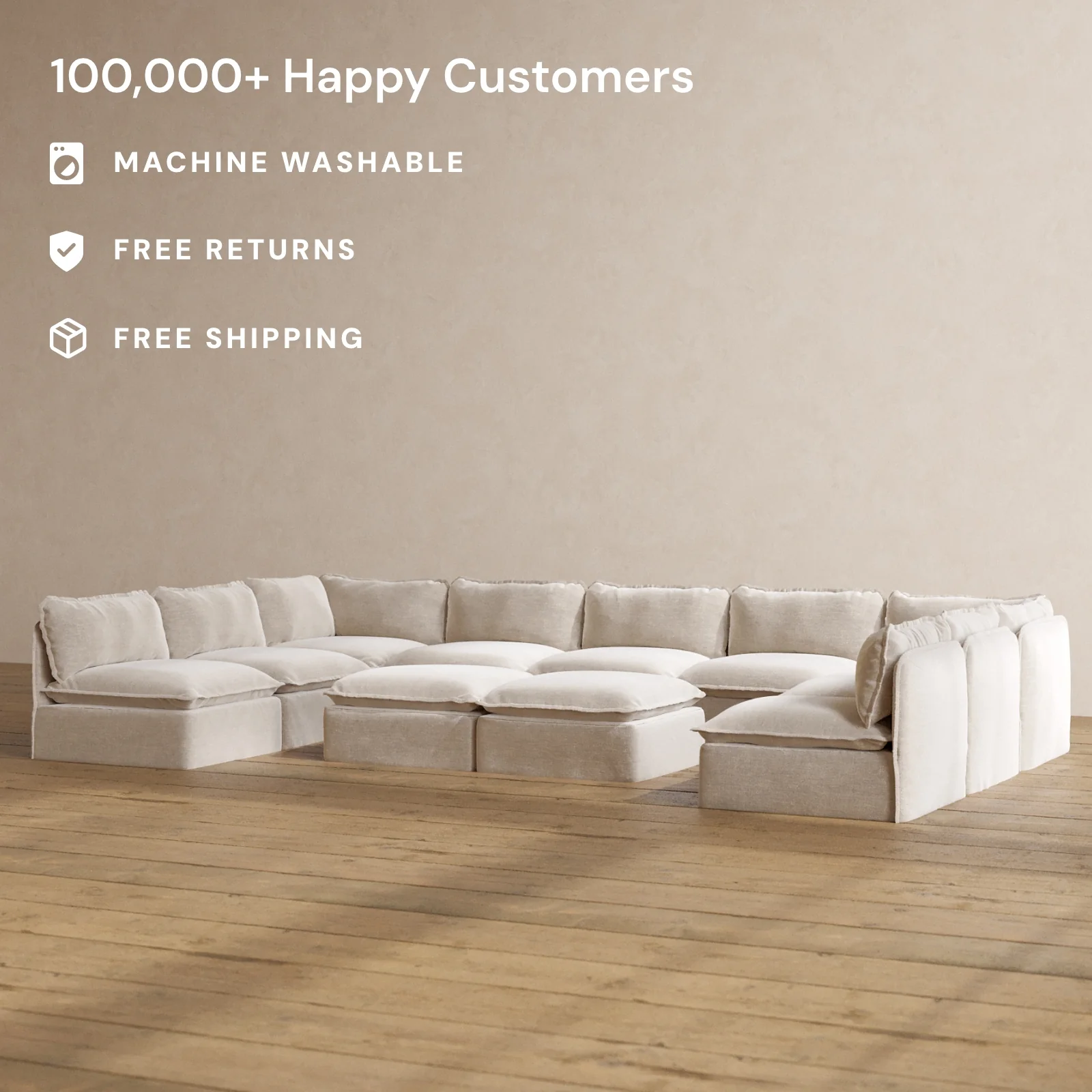Modular Washable 9-Seater Open-Ends U-Sectional + Bench Ottoman in Mist | Deluxe+ Seat | Cloud Pillow - Image 2