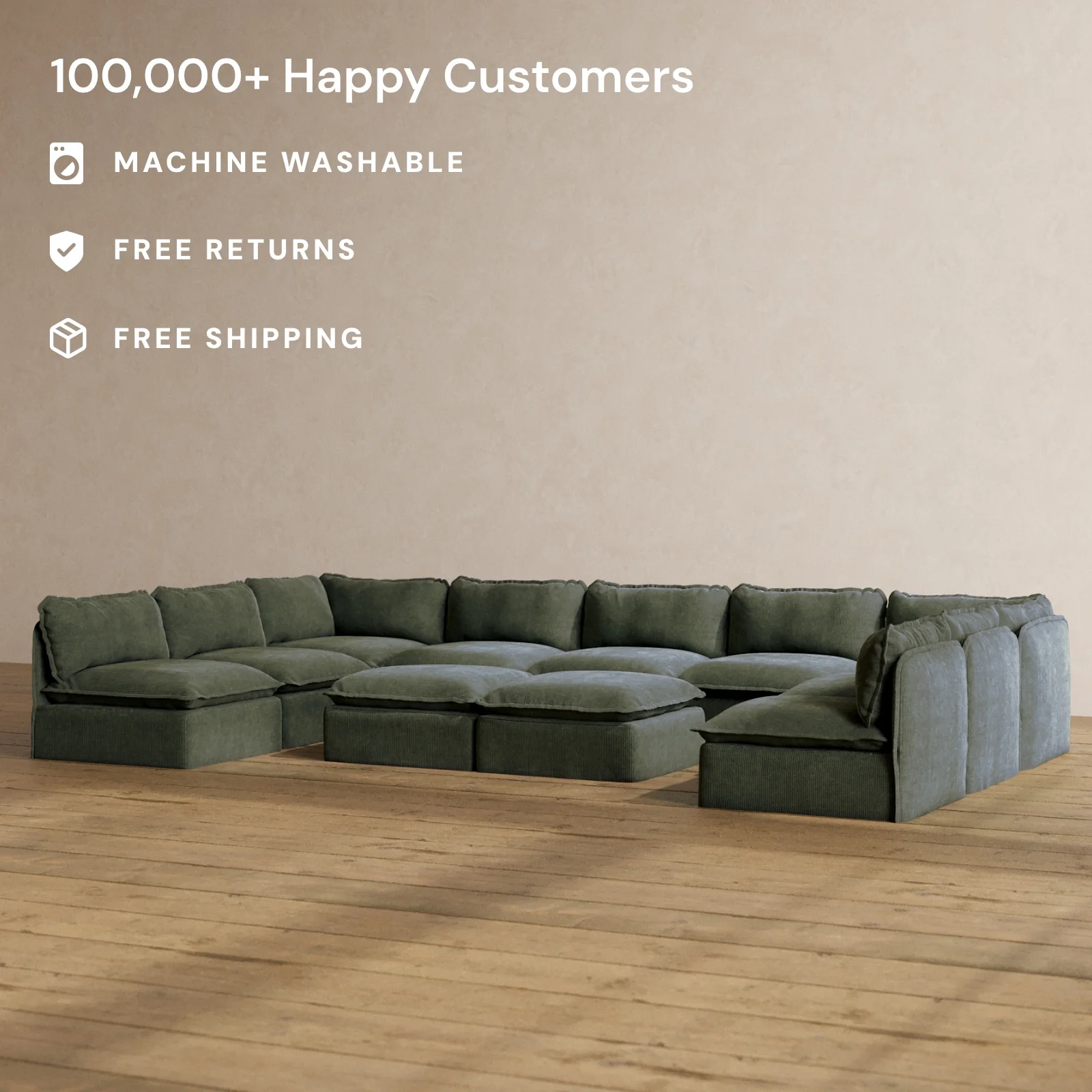 Modular Washable 9-Seater Open-Ends U-Sectional + Bench Ottoman in Olivine | Deluxe+ Seat | Cloud Pillow - Image 2