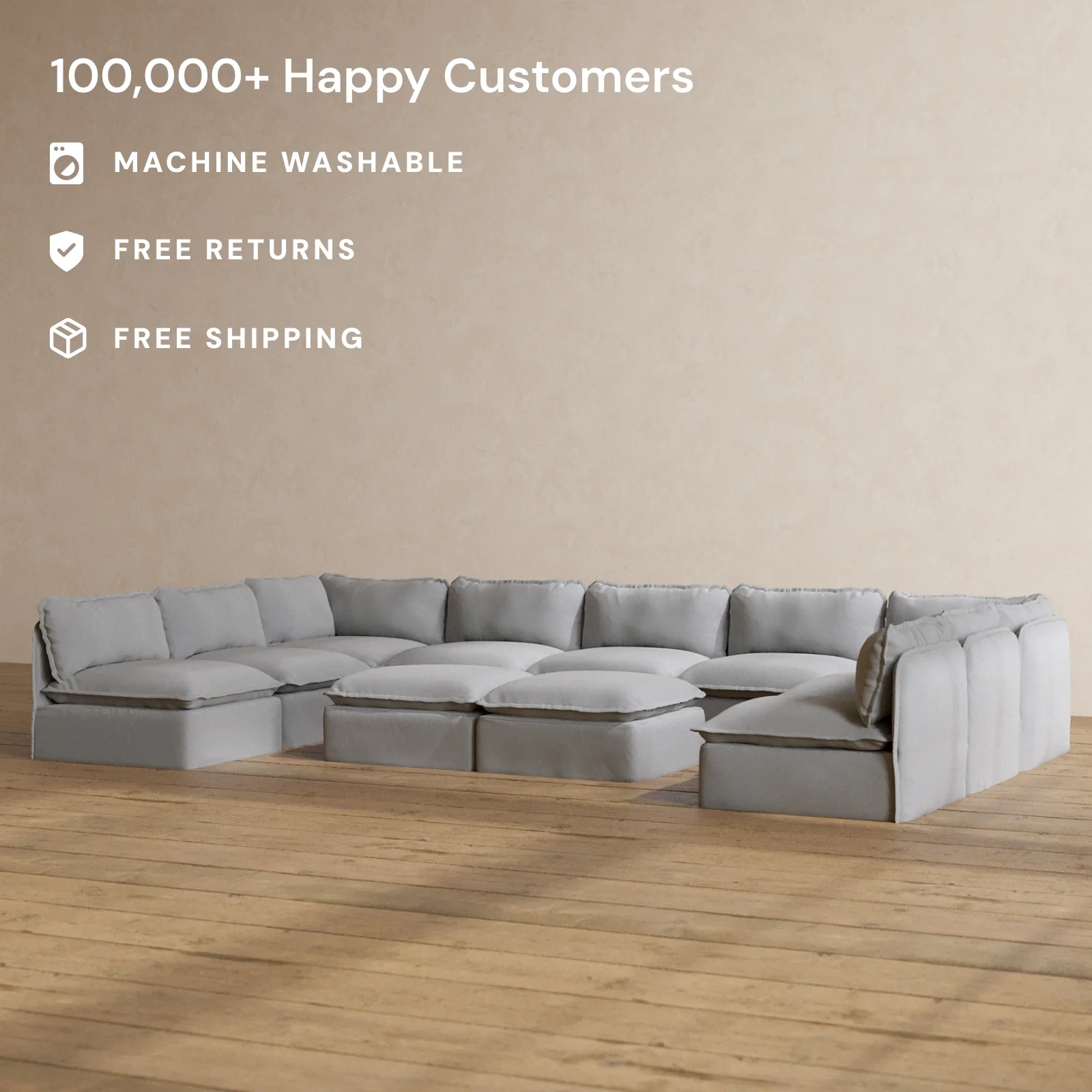 Modular Washable 9-Seater Open-Ends U-Sectional + Bench Ottoman in Pumice | Memorix+ Seat | Contour Pillow - Image 2