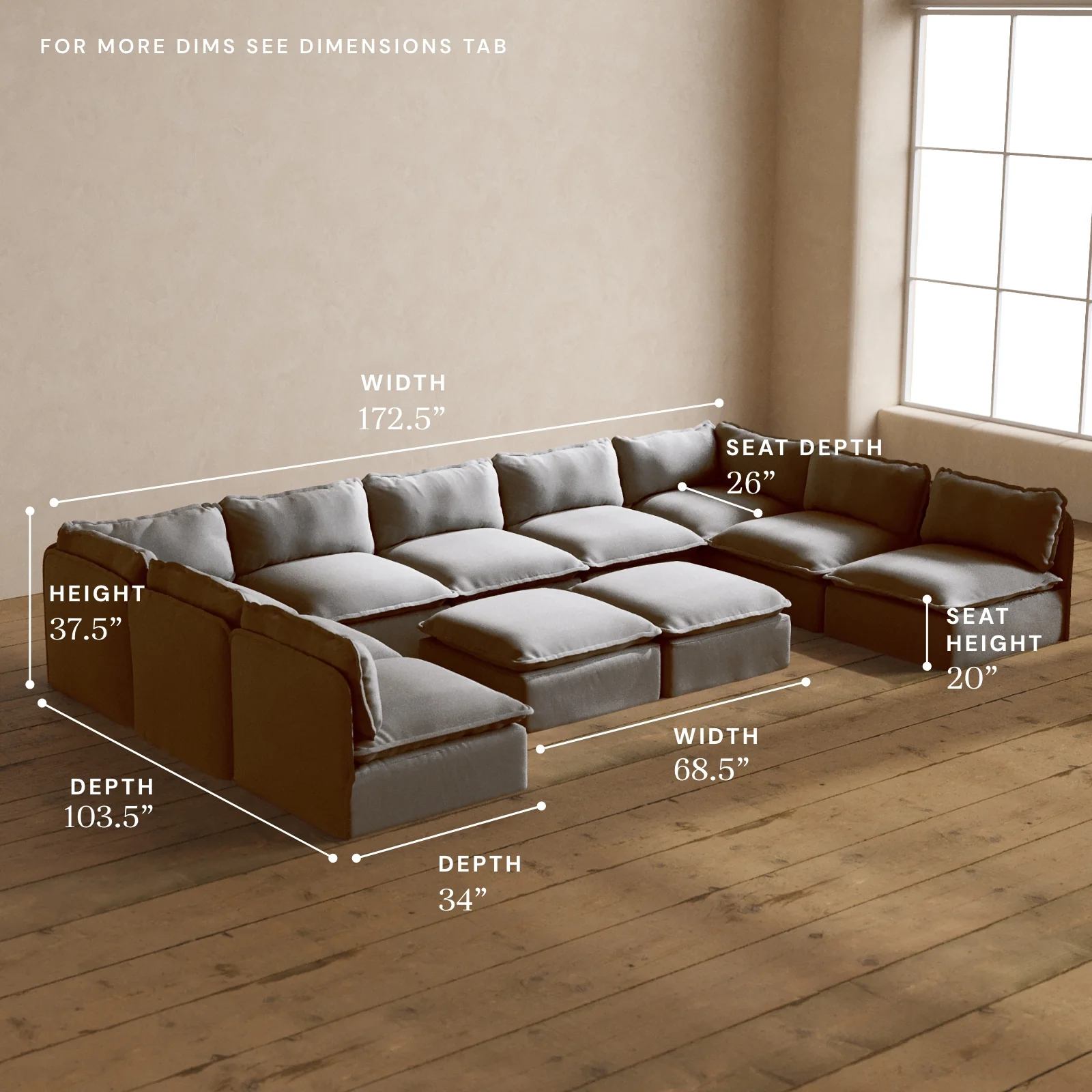 Modular Washable 9-Seater Open-Ends U-Sectional + Bench Ottoman in Pumice | Memorix+ Seat | Contour Pillow - Image 5