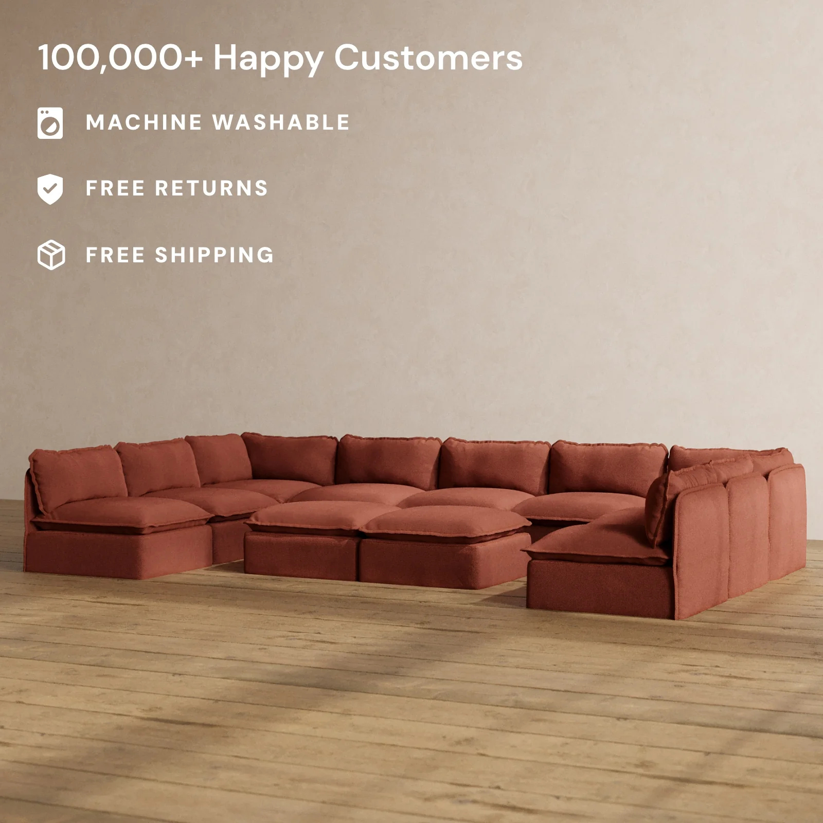 Modular Washable 9-Seater Open-Ends U-Sectional + Bench Ottoman in Rust | Memorix+ Seat | Contour Pillow - Image 2