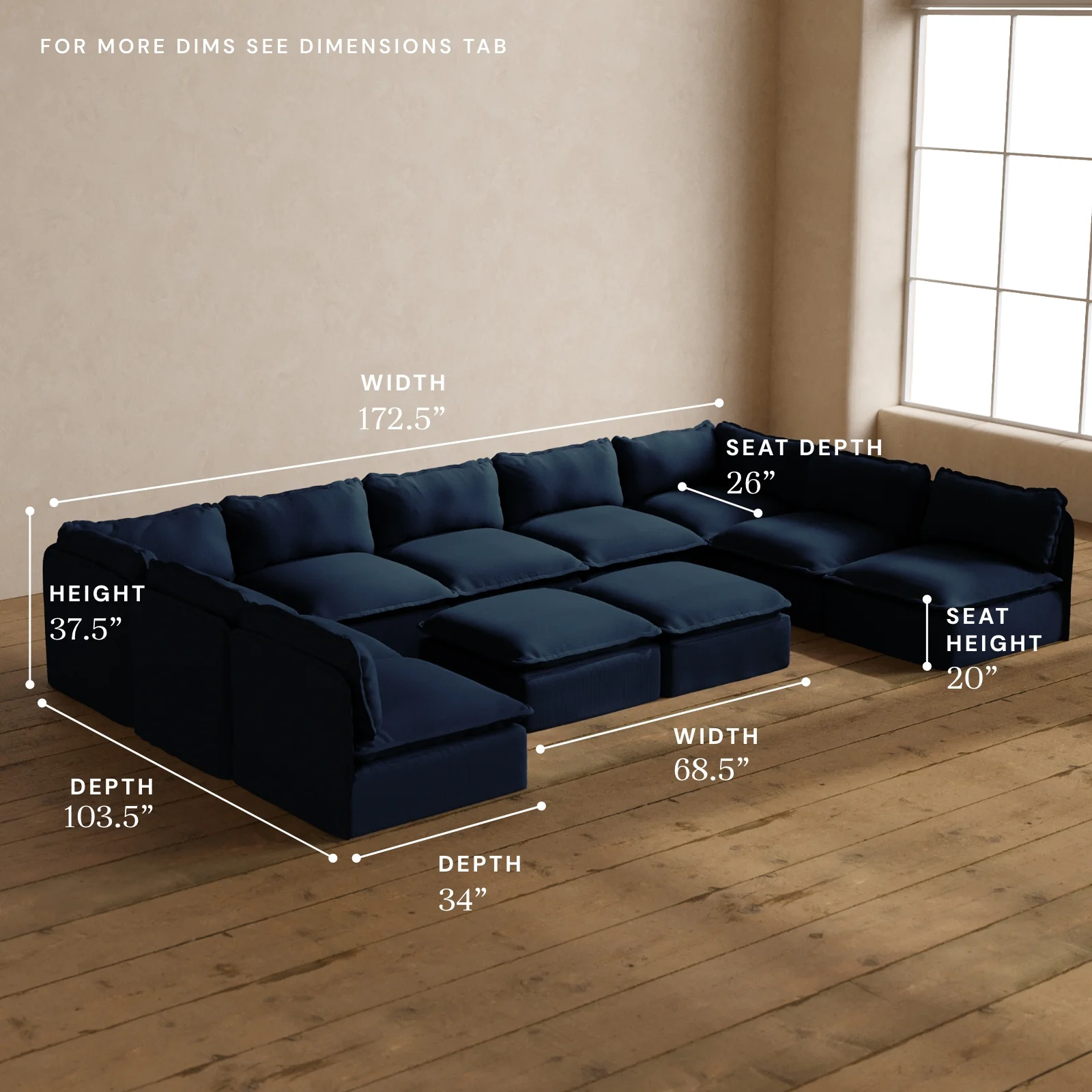 Modular Washable 9-Seater Open-Ends U-Sectional + Bench Ottoman in Sumi | Deluxe+ Seat | Cloud Pillow - Image 5