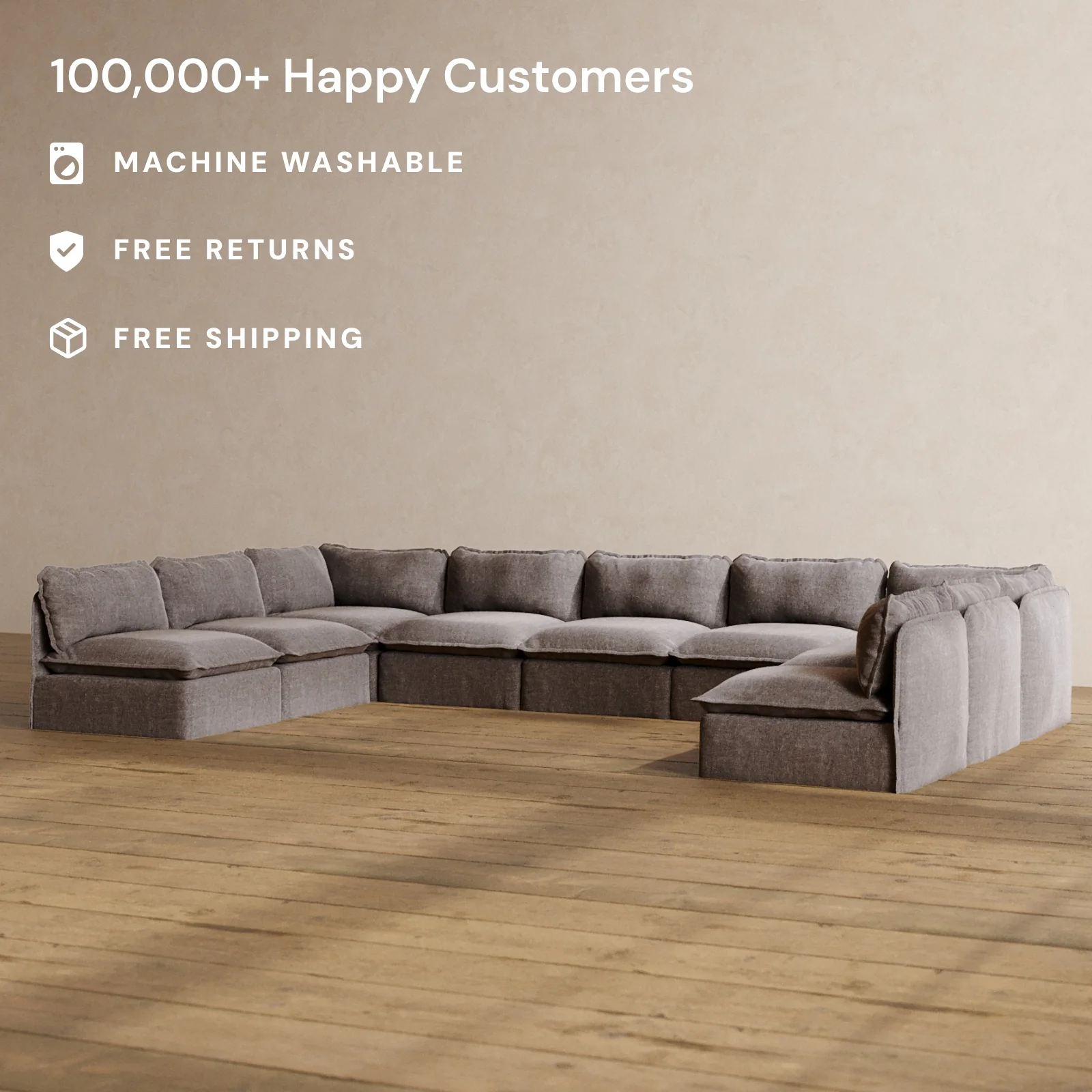Modular Washable 9-Seater Open-Ends U-Sectional in Caviar | Deluxe+ Seat | Cloud Pillow - Image 2