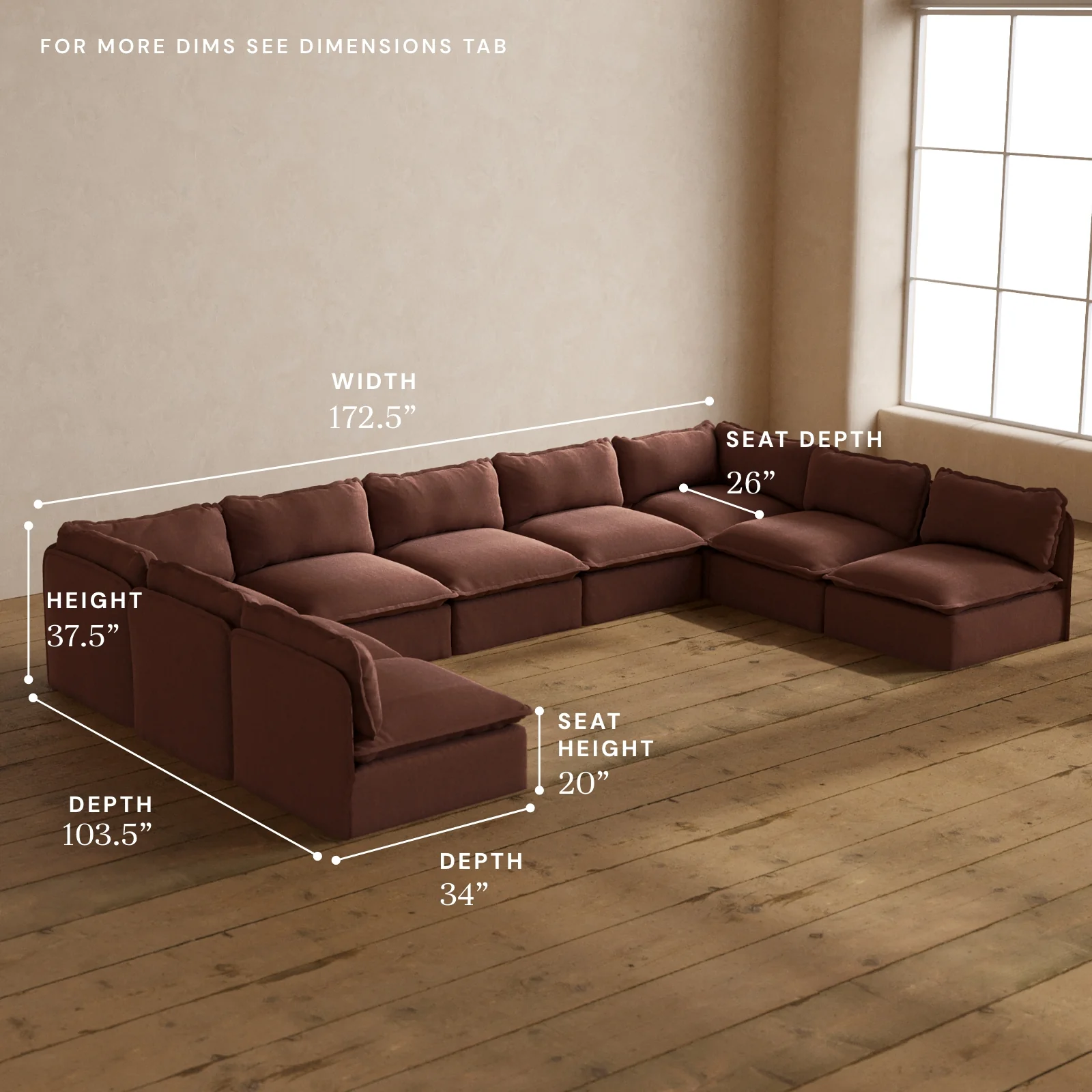 Modular Washable 9-Seater Open-Ends U-Sectional in Chestnut | Memorix+ Seat | Contour Pillow - Image 5
