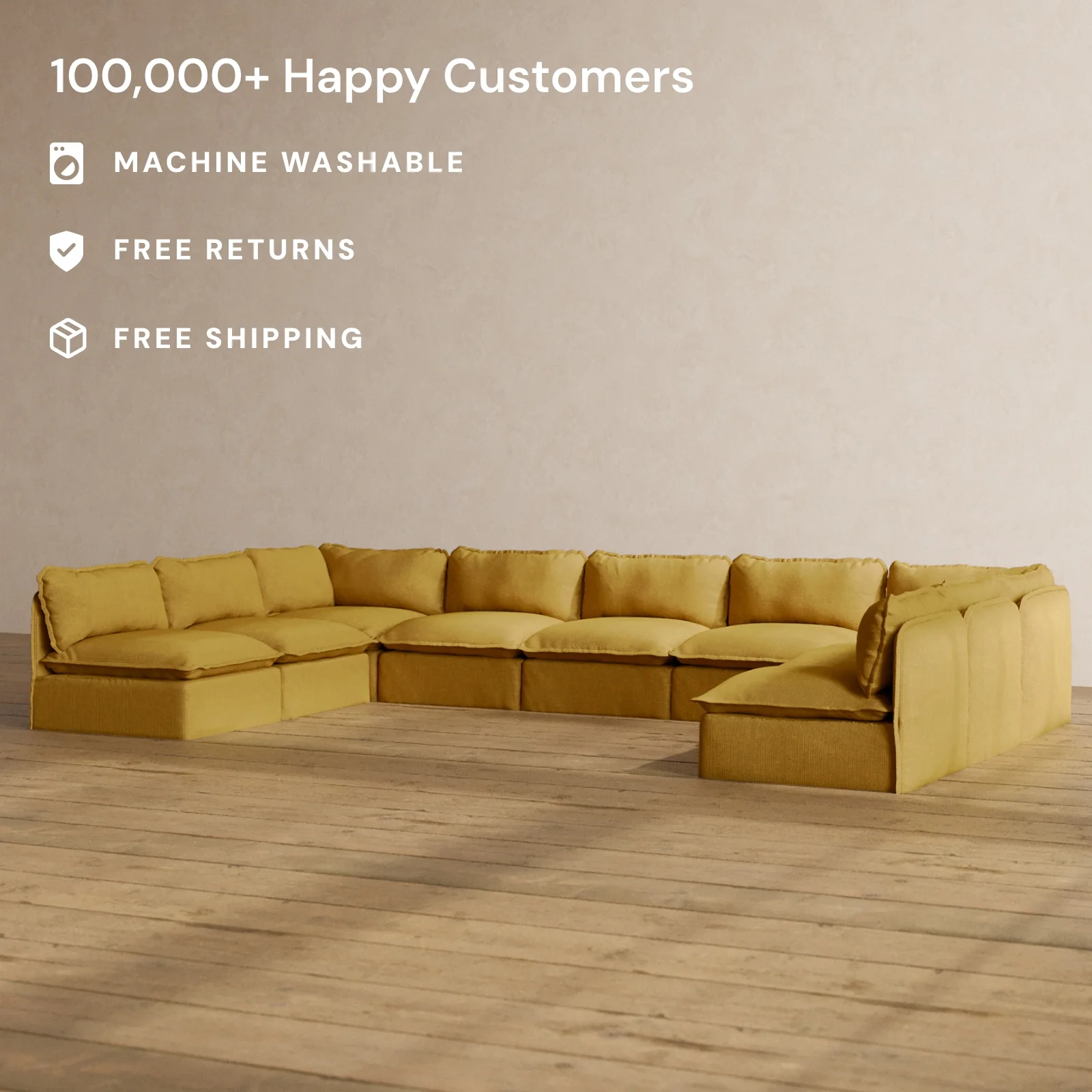 Modular Washable 9-Seater Open-Ends U-Sectional in Kiiro | Memorix+ Seat | Contour Pillow - Image 2
