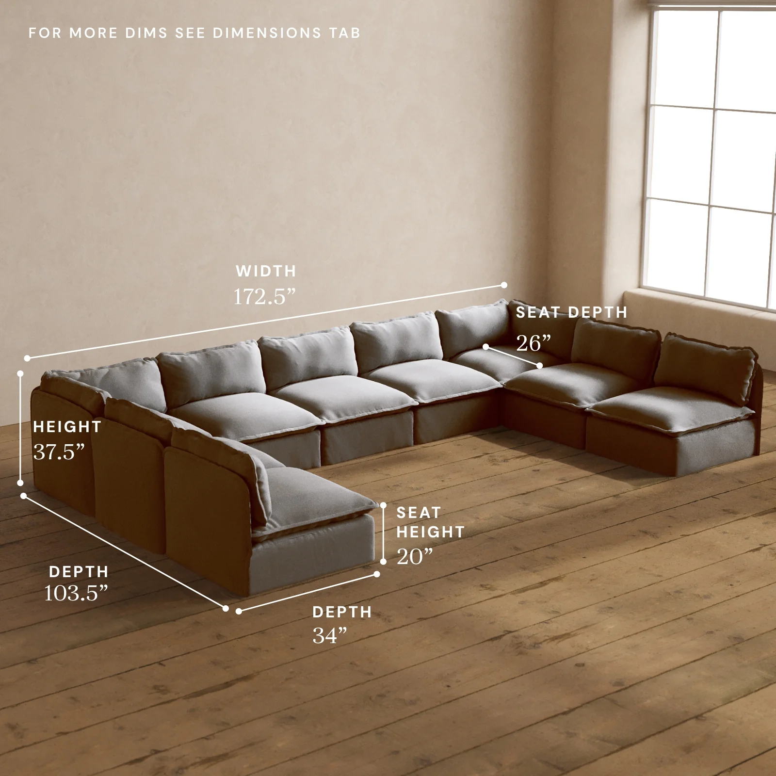 Modular Washable 9-Seater Open-Ends U-Sectional in Pumice | Deluxe+ Seat | Cloud Pillow - Image 5
