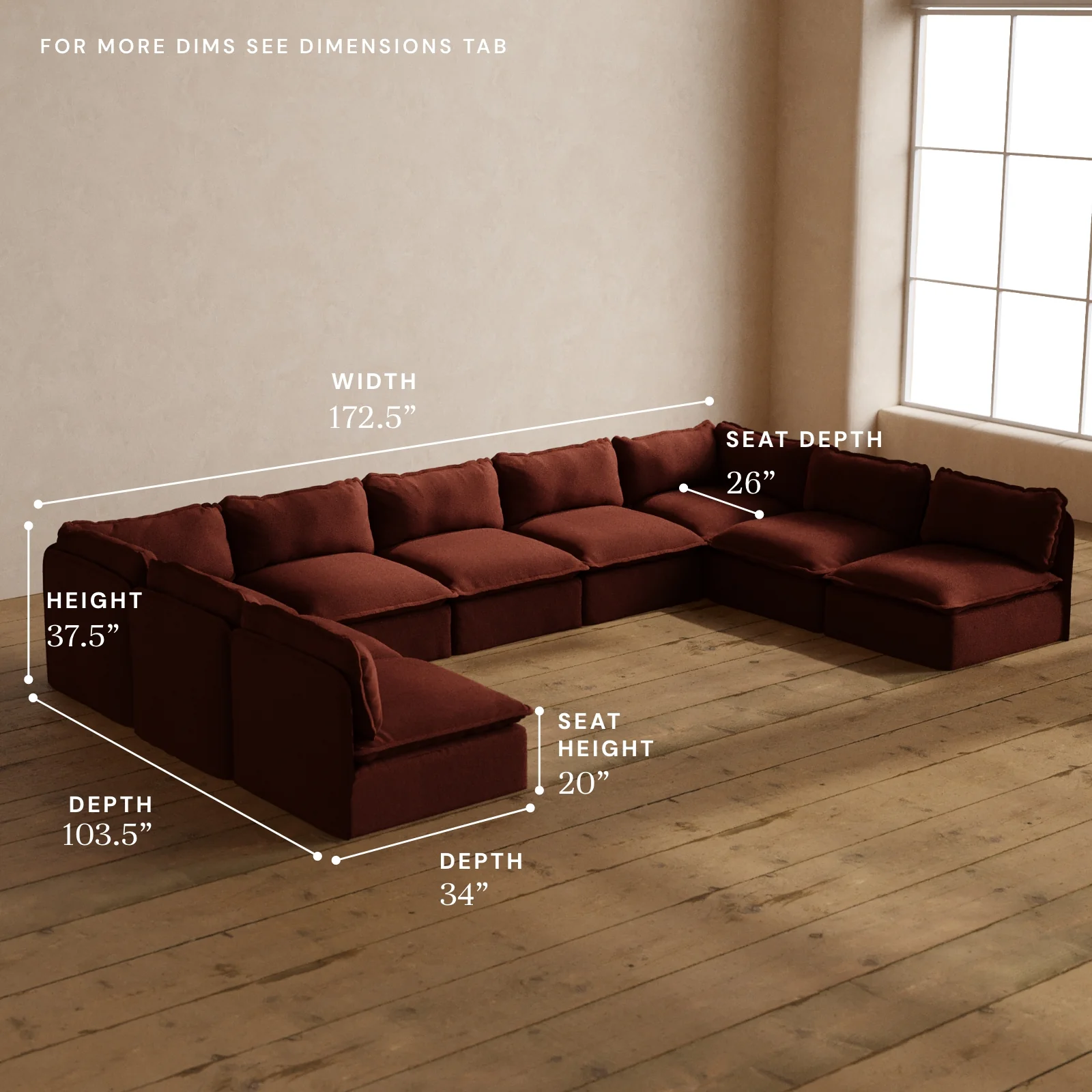 Modular Washable 9-Seater Open-Ends U-Sectional in Rust | Memorix+ Seat | Contour Pillow - Image 5