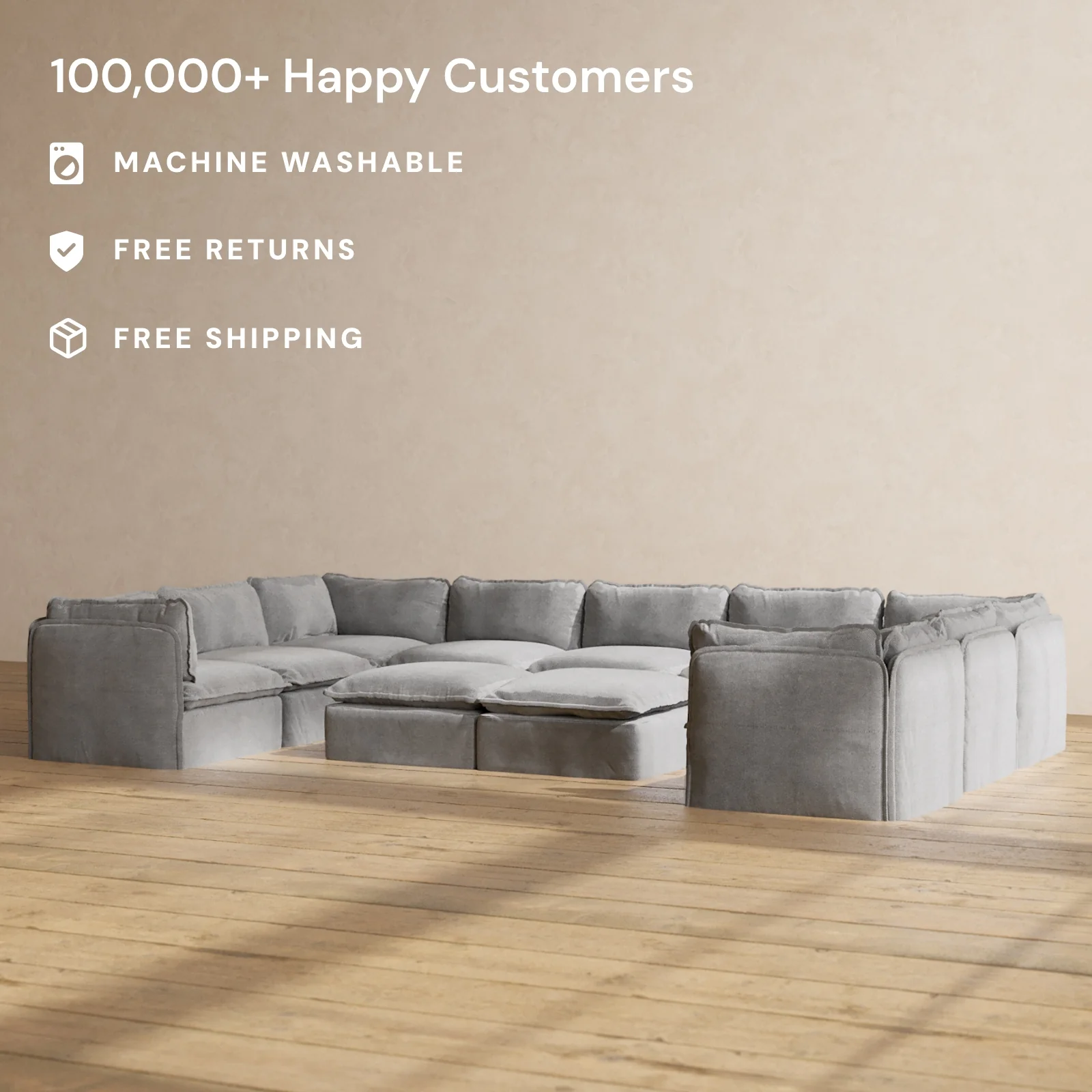 Modular Washable 9-Seater U-Sectional + Bench Ottoman in Ash | Deluxe+ Seat | Cloud Pillow - Image 2