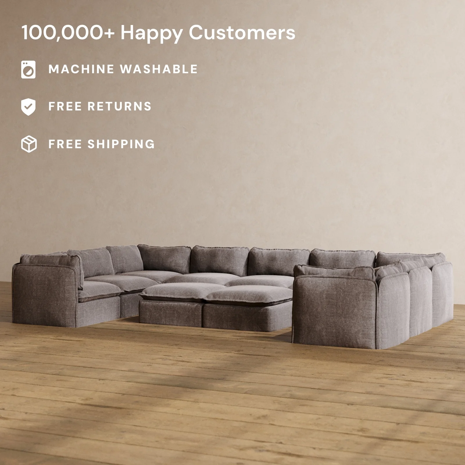 Modular Washable 9-Seater U-Sectional + Bench Ottoman in Caviar | Deluxe+ Seat | Cloud Pillow - Image 2