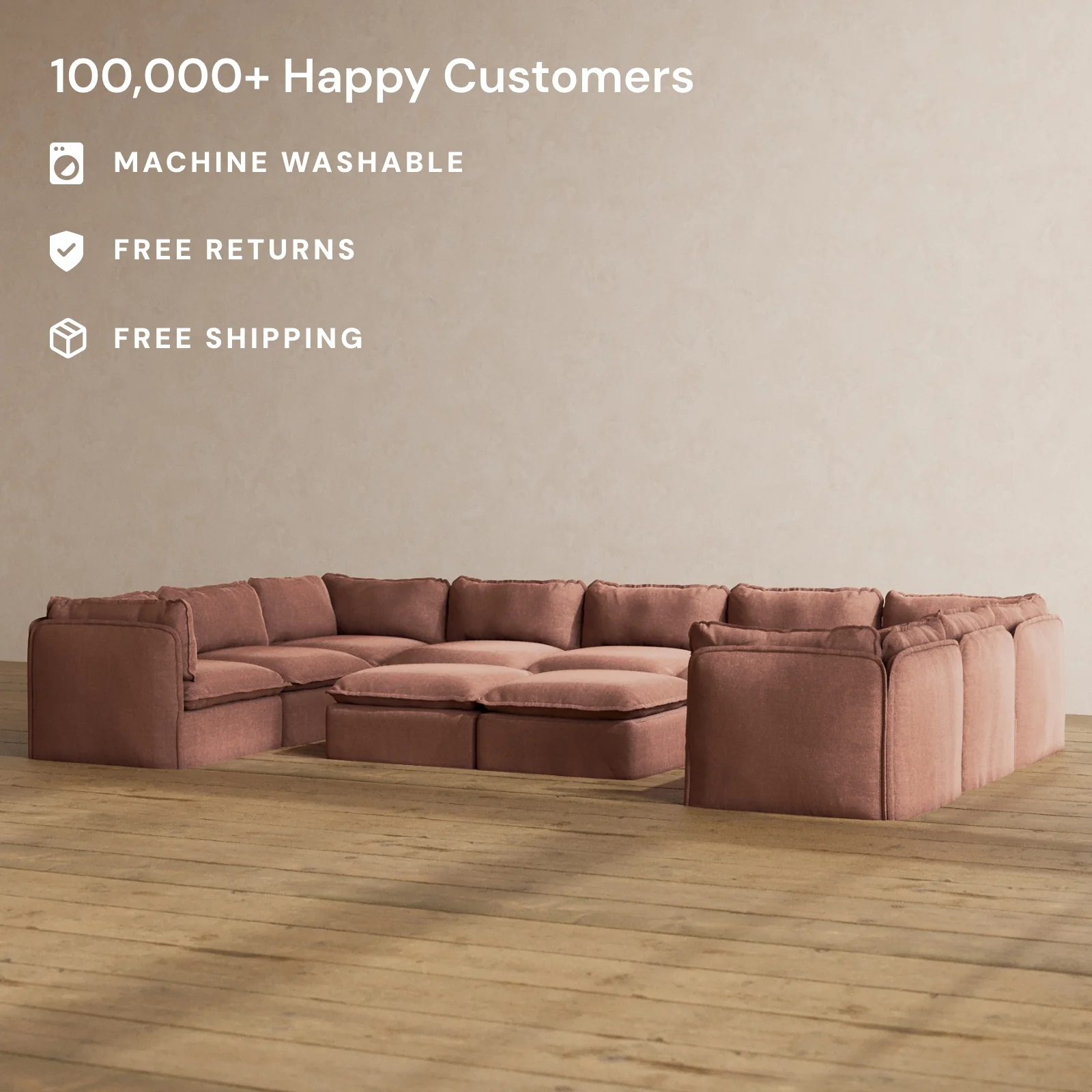 Modular Washable 9-Seater U-Sectional + Bench Ottoman in Chestnut | Deluxe+ Seat | Cloud Pillow - Image 2
