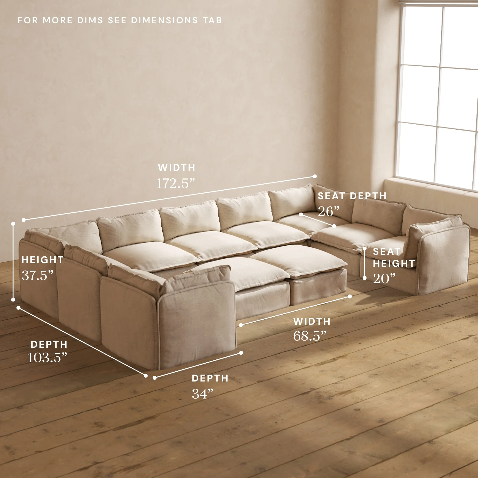 Modular Washable 9-Seater U-Sectional + Bench Ottoman in Oat | Deluxe+ Seat | Cloud Pillow - Image 5